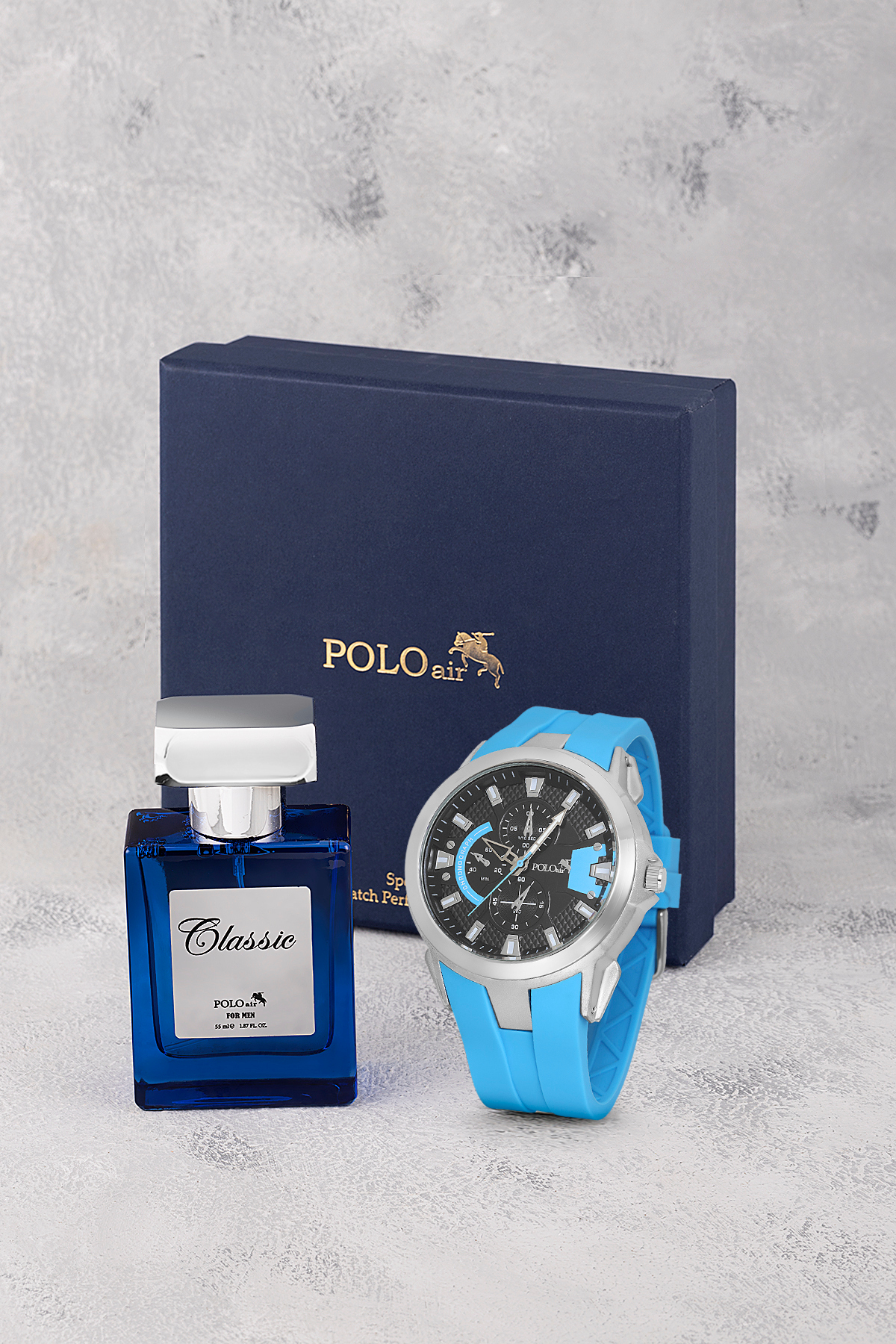 Kauçuk Kordon Erkek Kol Saati Ve Parfüm Hediyelik Kutusunda Set Gümüş Mavi Siyah Renk St-5001E2 Mavi St-5001E2