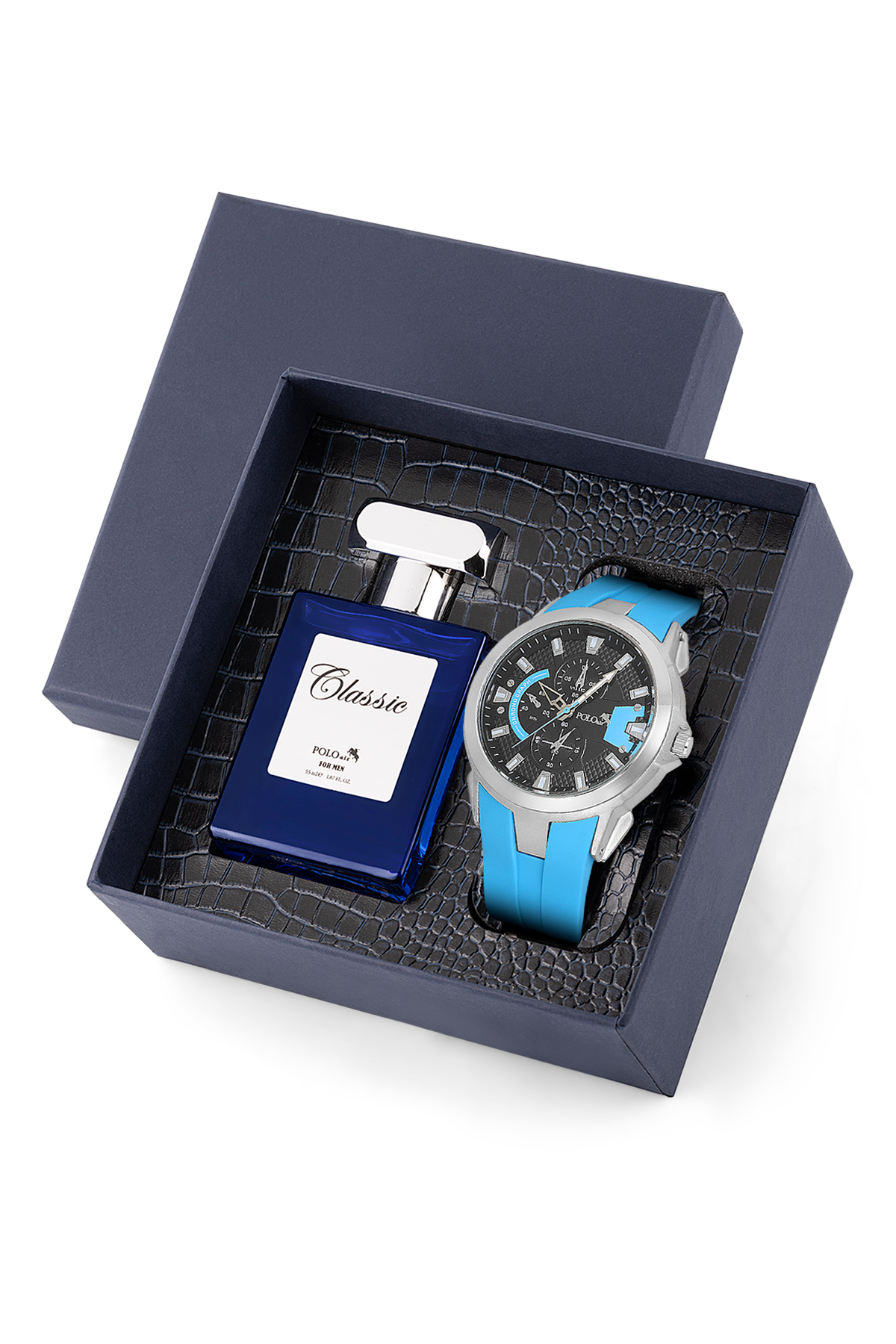 Kauçuk Kordon Erkek Kol Saati Ve Parfüm Hediyelik Kutusunda Set Gümüş Mavi Siyah Renk St-5001E2 Mavi St-5001E2