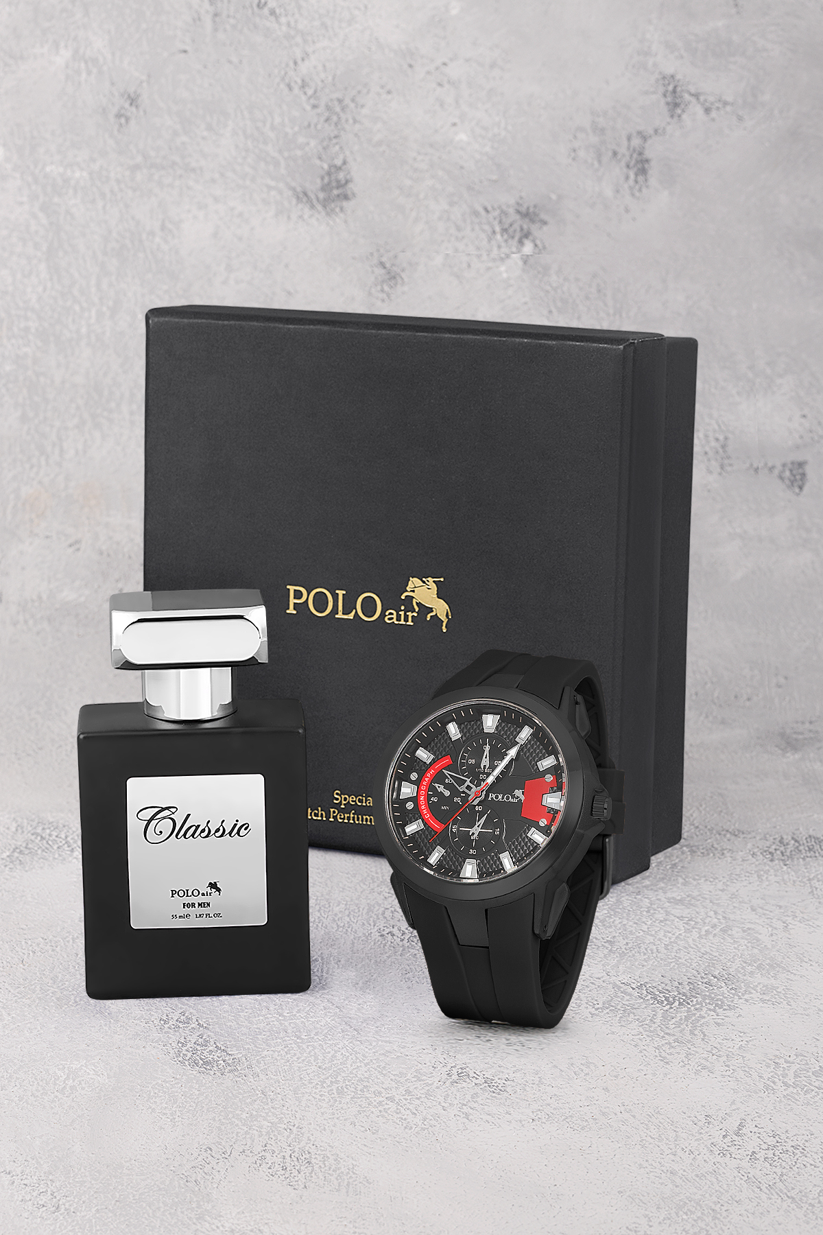 Kauçuk Kordon Erkek Kol Saati Ve Parfüm Hediyelik Kutusunda Set Siyah Kırmızı Renk St-5001E1 Siyah St-5001E1