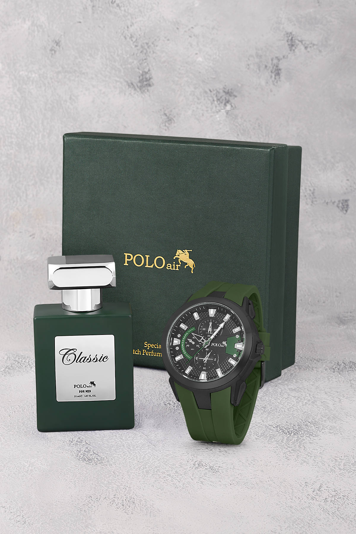 Kauçuk Kordon Erkek Kol Saati Ve Parfüm Hediyelik Kutusunda Set Siyah Yeşil Renk St-5001E3 Yeşil St-5001E3