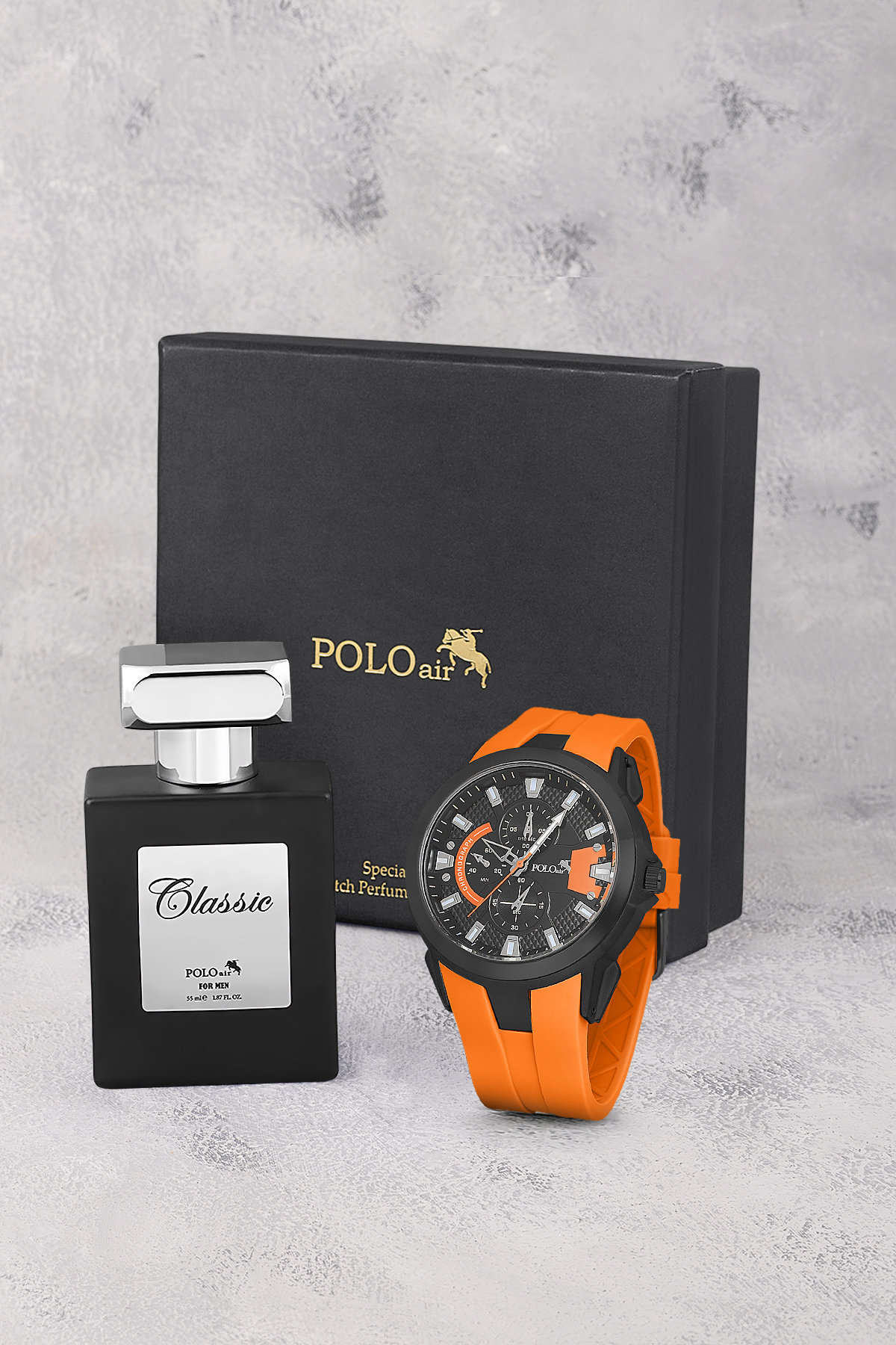Kauçuk Kordon Erkek Kol Saati Ve Parfüm Hediyelik Kutusunda Set Turuncu Siyah Renk St-5001E7 Turuncu St-5001E7