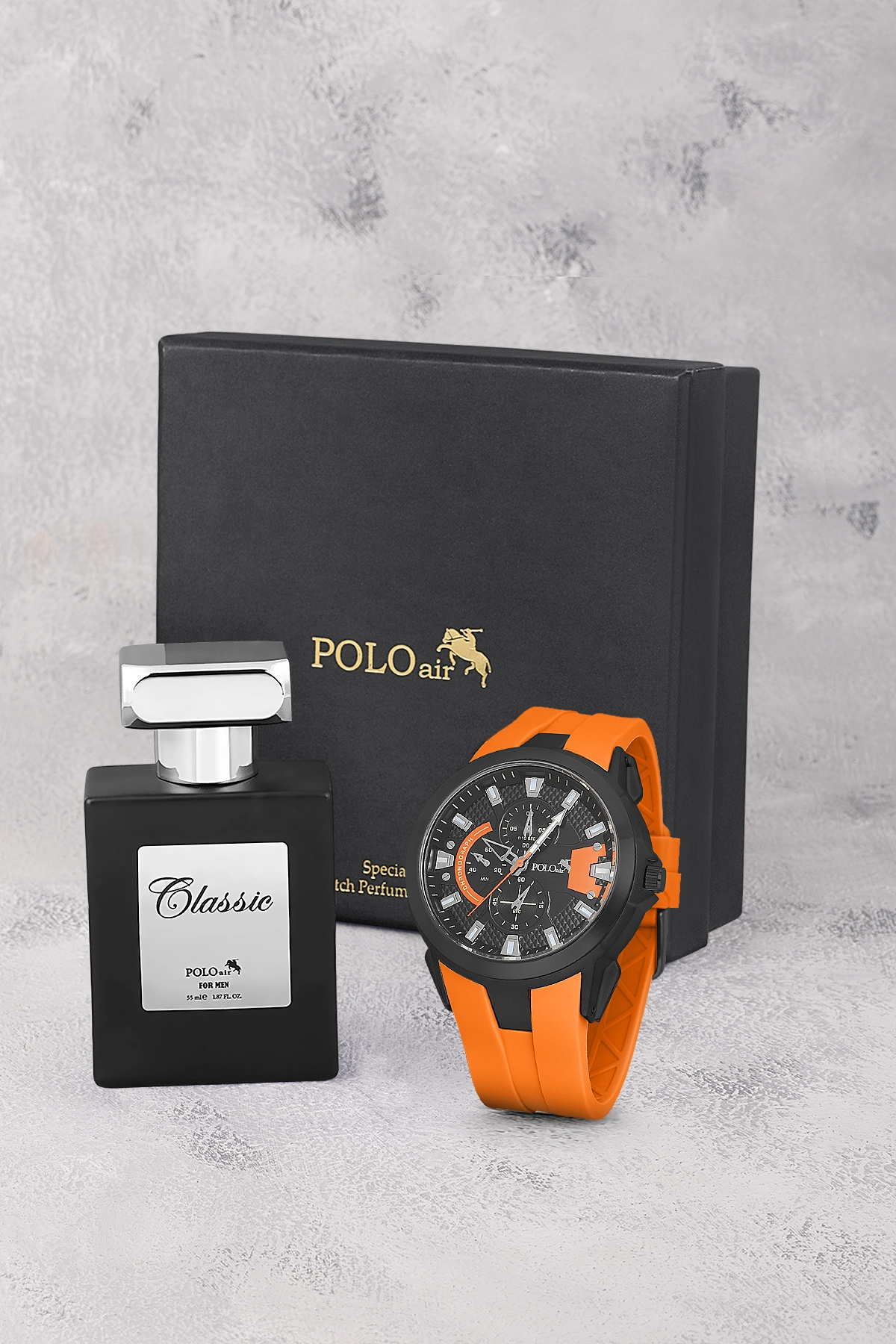 Kauçuk Kordon Erkek Kol Saati Ve Parfüm Hediyelik Kutusunda Set Turuncu Siyah Renk St-5001E7 Turuncu St-5001E7