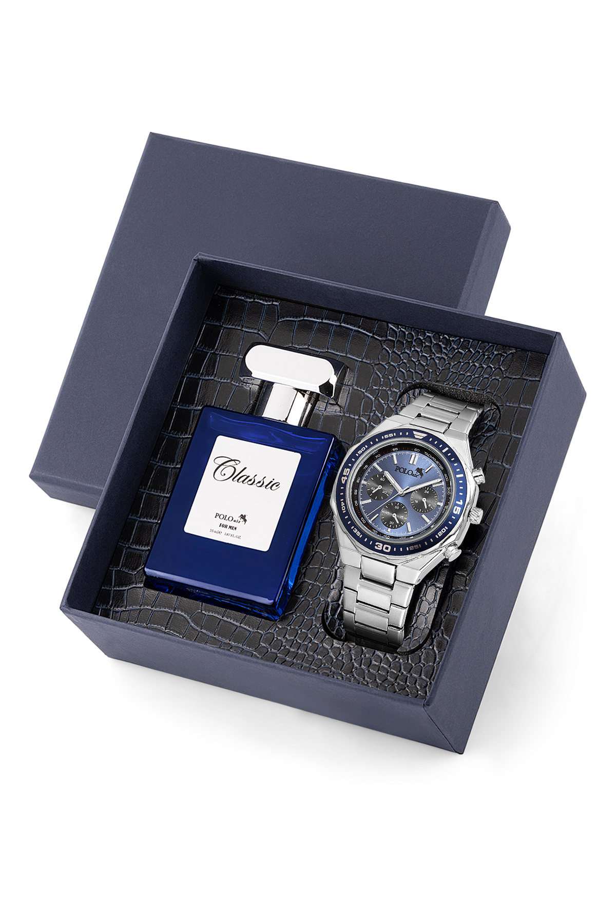 Klasik Erkek Kol Saati Ve 55Ml Parfüm Hediyelik Kutusunda Set Gümüş Lacivert Renk St-5008E2 Lacivert-Gümüş St-5008E2