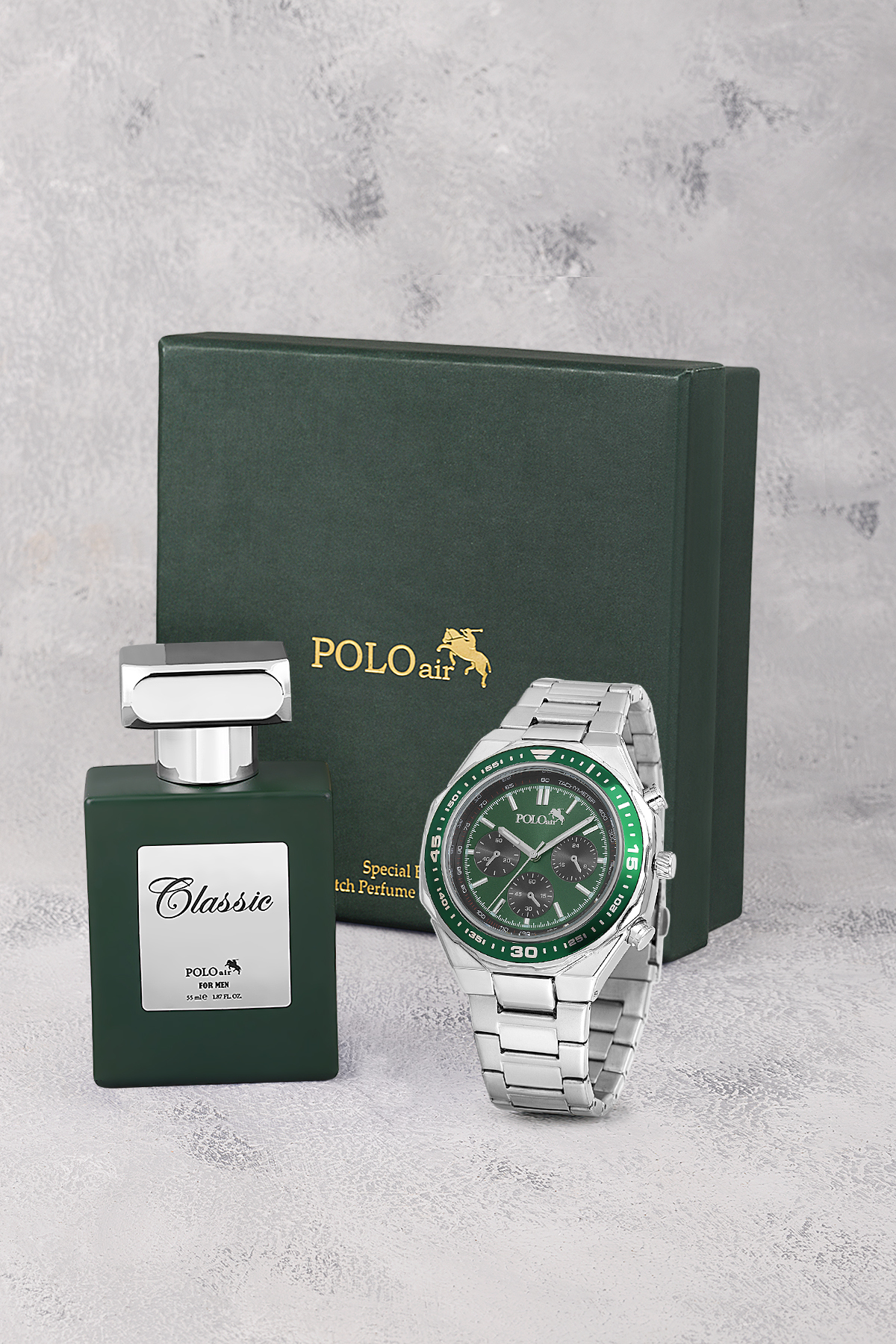 Klasik Erkek Kol Saati Ve 55Ml Parfüm Hediyelik Kutusunda Set Gümüş Yeşil Renk St-5008E3 Yeşil St-5008E3
