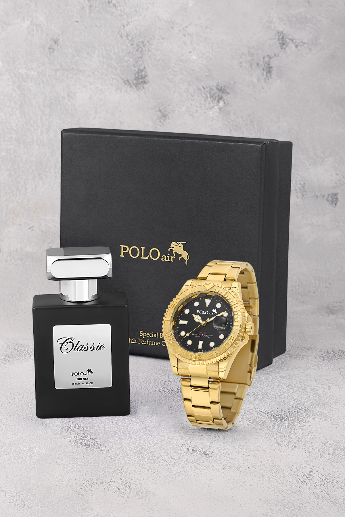 Mercek Takvimli Döner Çerçeve Erkek Kol Saati Ve 55 Ml Parfüm Seti Gold Siyah Renk St-5015E7 Altın St-5015E7