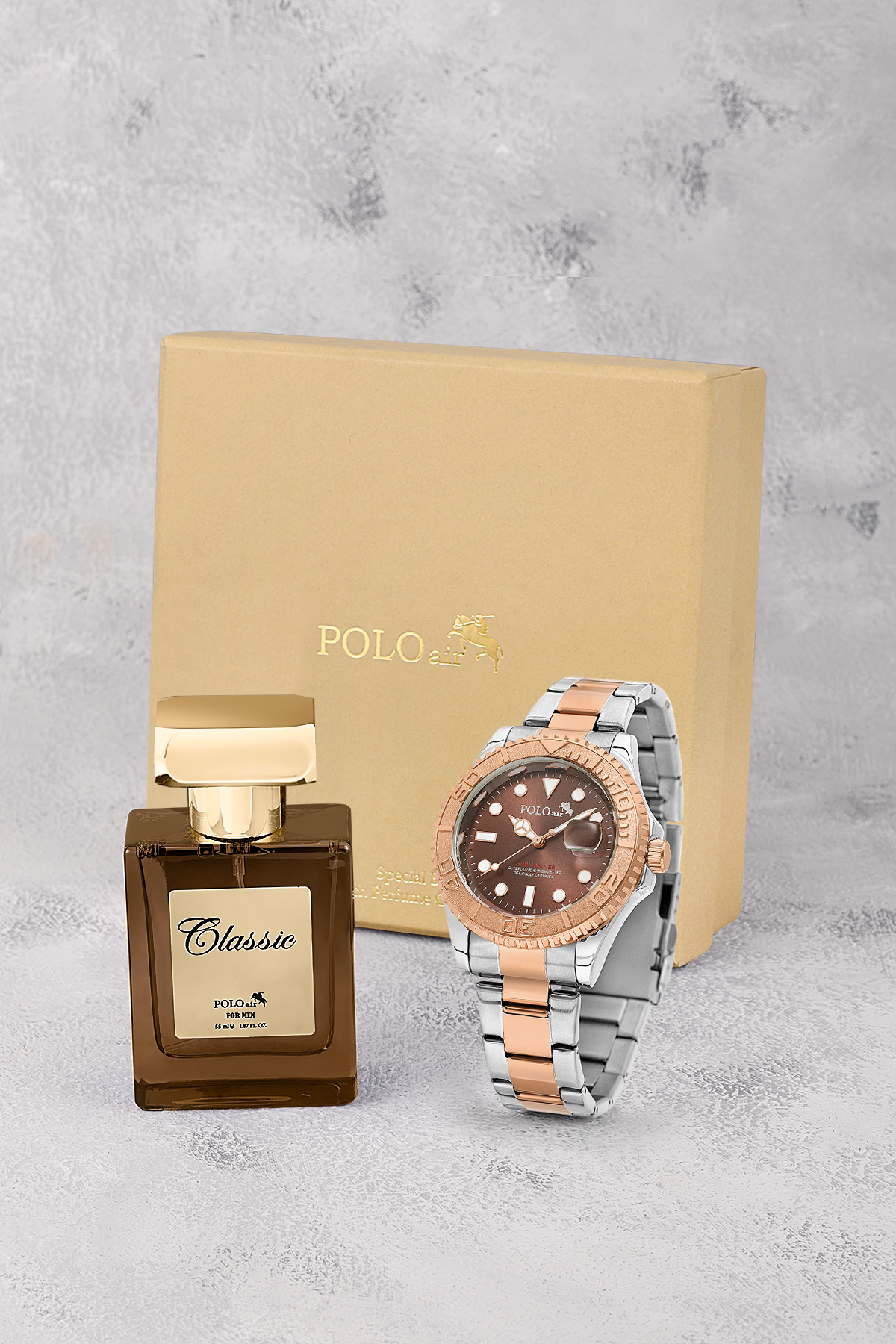 Mercek Takvimli Döner Çerçeve Erkek Kol Saati Ve 55 Ml Parfüm Seti Gümüş Kahve Bakır Renk St-5015E8 Çok Renkli St-5015E8