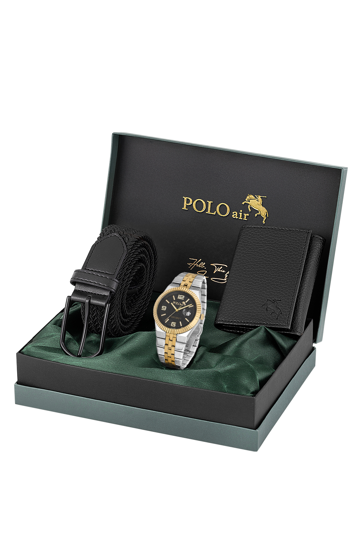 Mercek Takvimli Erkek Kol Saati Esnek Kemer Mıknatıslı Cüzdan Siyah Set Gold Gümüş Renk Pl-7058E8 Altın Pl-7058E8