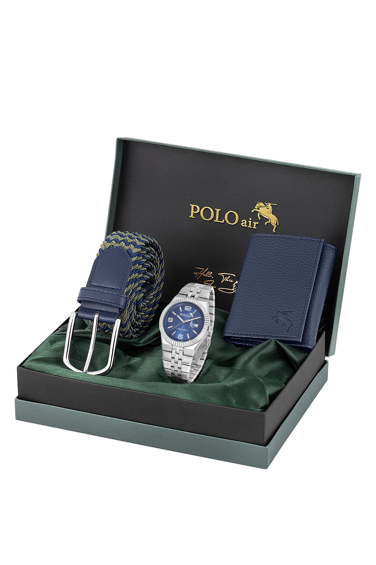 Mercek Takvimli Erkek Kol Saati Örgü Esnek Kemer Mıknatıslı Cüzdan Gümüş Lacivert Renk Pl-7058E2 Lacivert Pl-7058E2