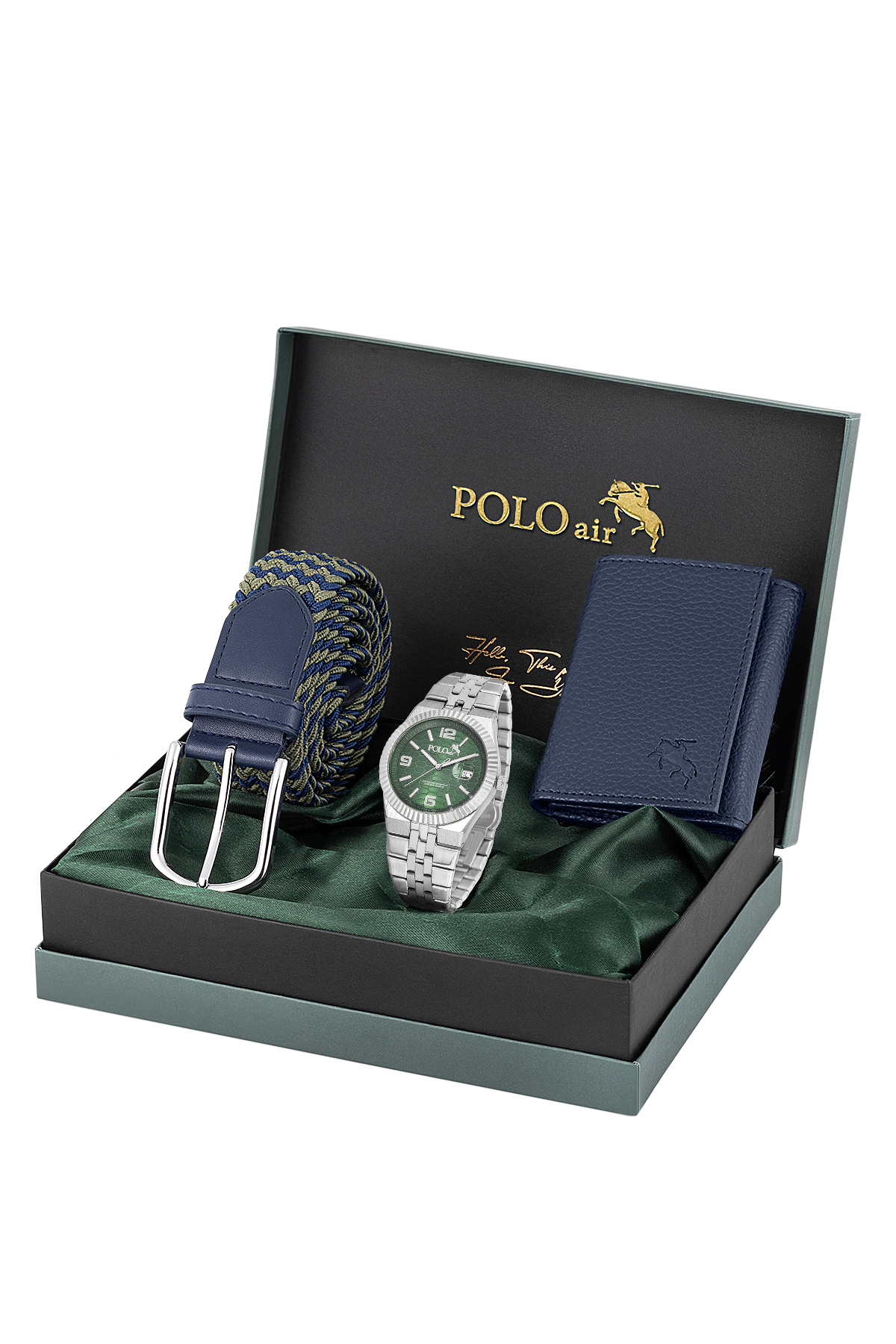 Mercek Takvimli Erkek Kol Saati Örgü Esnek Kemer Mıknatıslı Cüzdan Gümüş Yeşil Renk Pl-7058E3 Yeşil Pl-7058E3