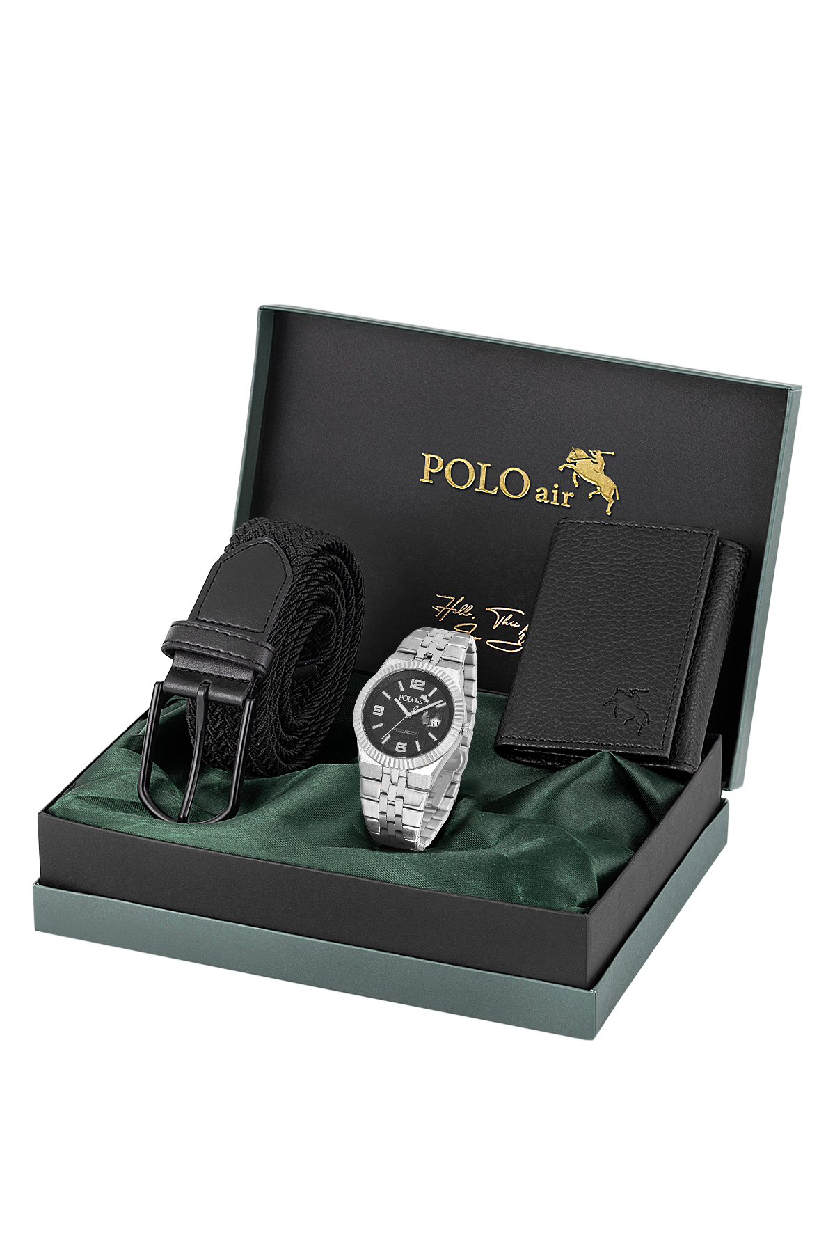 Mercek Takvimli Erkek Kol Saati Örgü Esnek Kemer Mıknatıslı Cüzdan Siyah Gümüş Renk Pl-7058E6 Gümüş Pl-7058E6