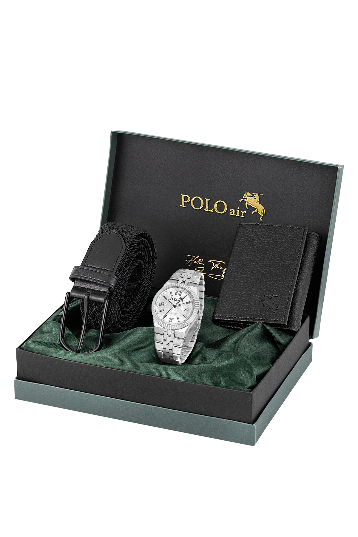 Mercek Takvimli Erkek Kol Saati Örgü Esnek Kemer Mıknatıslı Cüzdan Siyah Set Gümüş Renk Pl-7058E4 Gümüş Pl-7058E4