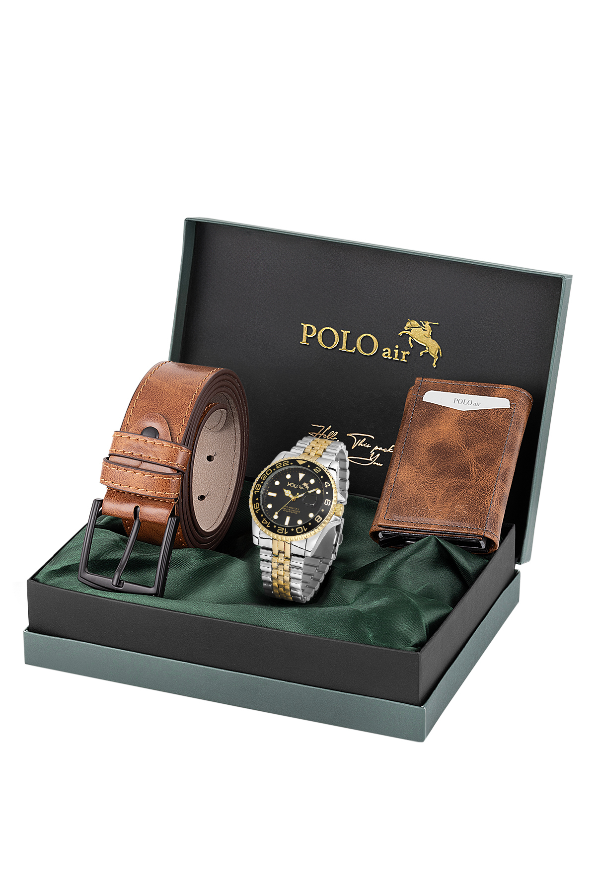 Mercek Takvimli Erkek Kol Saati Otomatik Mekanizmalı Cüzdan Kemer Taba Set Gümüş Gold Renk Pl-7057E4 Altın Pl-7057E4