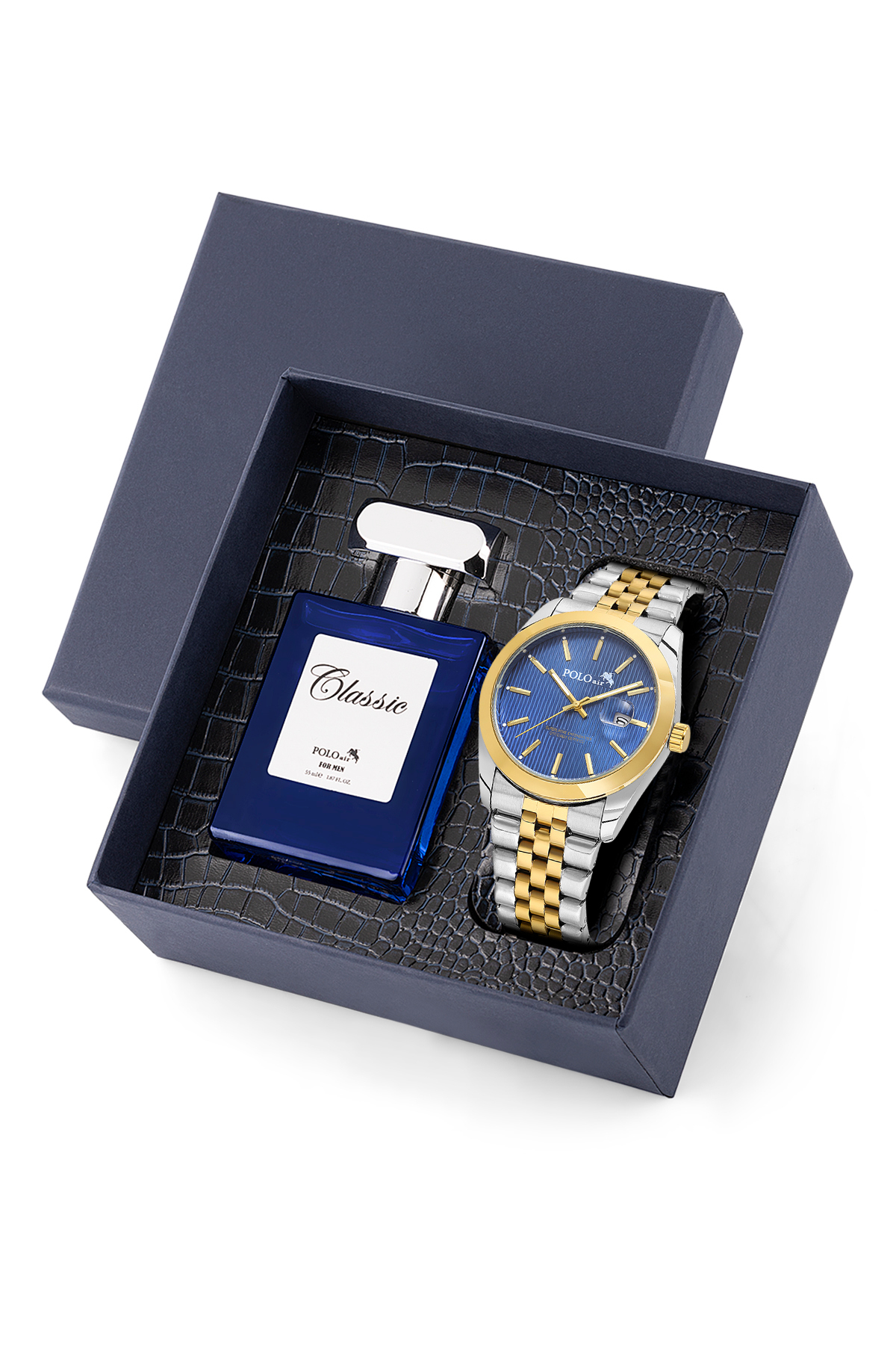 Mercek Takvimli Erkek Kol Saati Ve 55 Ml Parfüm Gümüş Gold Lacivert Renk St-5016E7 Çok Renkli St-5016E7