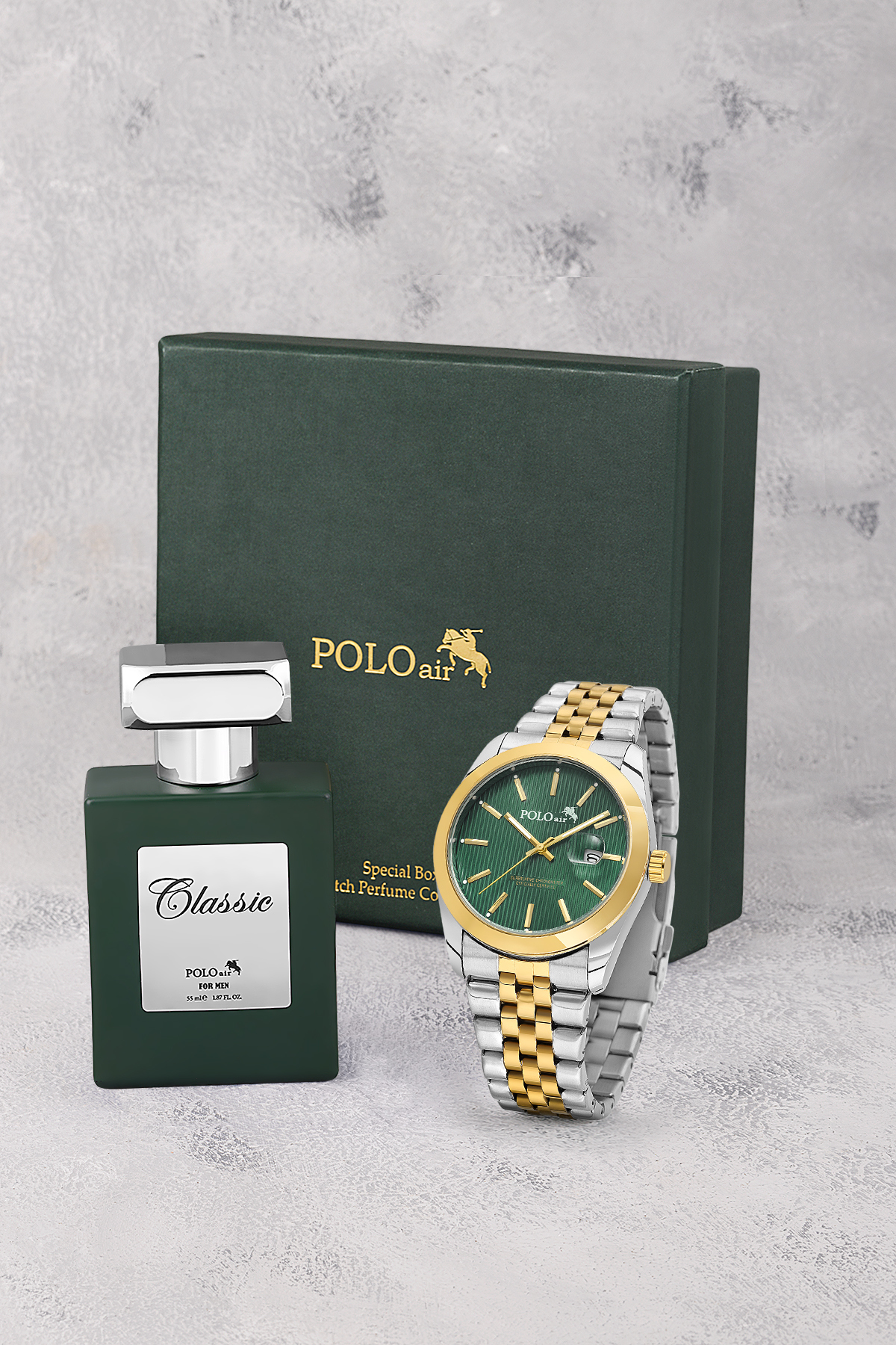 Mercek Takvimli Erkek Kol Saati Ve 55 Ml Parfüm Gümüş Gold Yeşil Renk St-5016E8 Çok Renkli St-5016E8