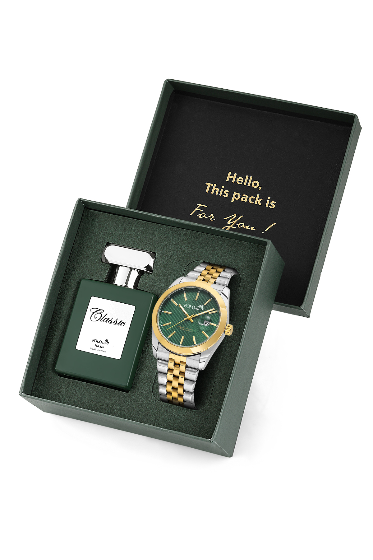 Mercek Takvimli Erkek Kol Saati Ve 55 Ml Parfüm Gümüş Gold Yeşil Renk St-5016E8 Çok Renkli St-5016E8