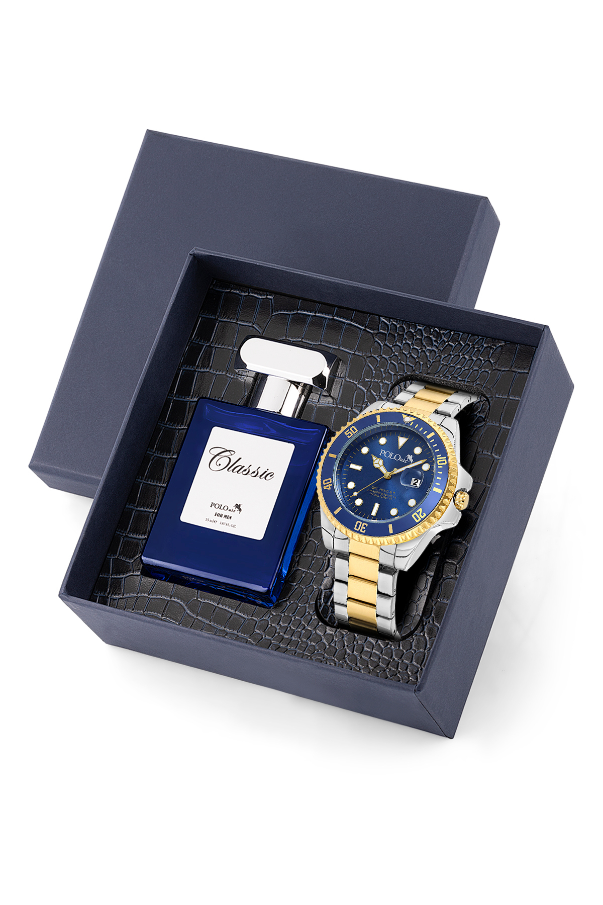 Mercek Takvimli Erkek Kol Saati Ve 55 Ml Parfüm Seti Gold Gümüş Lacivert Renk St-5013E9 Çok Renkli St-5013E9