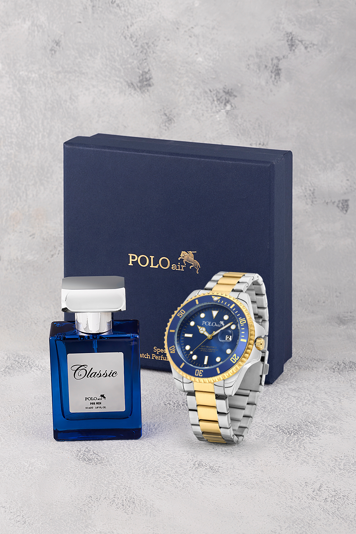 Mercek Takvimli Erkek Kol Saati Ve 55 Ml Parfüm Seti Gold Gümüş Lacivert Renk St-5013E9 Çok Renkli St-5013E9