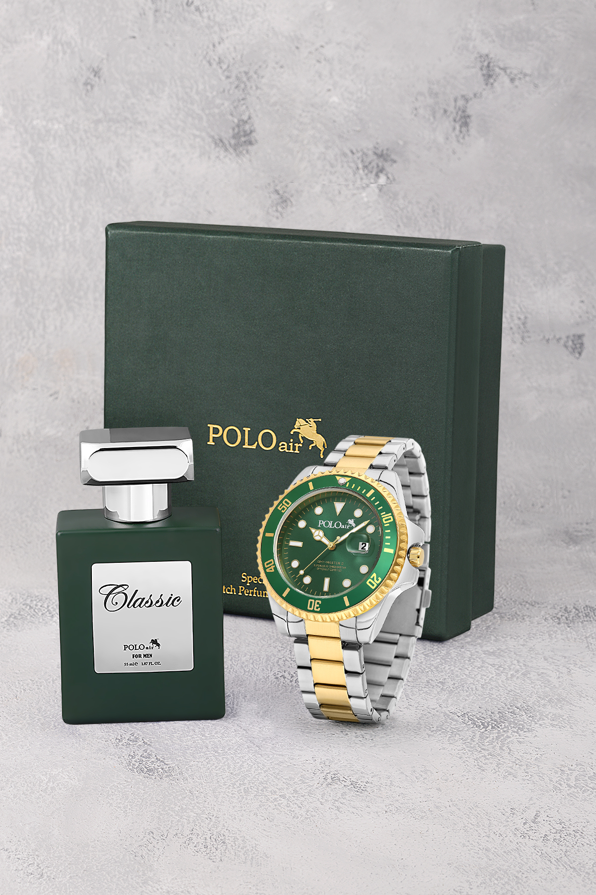 Mercek Takvimli Erkek Kol Saati Ve 55 Ml Parfüm Seti Gold Gümüş Yeşil Renk St-5013E10 Çok Renkli St-5013E10