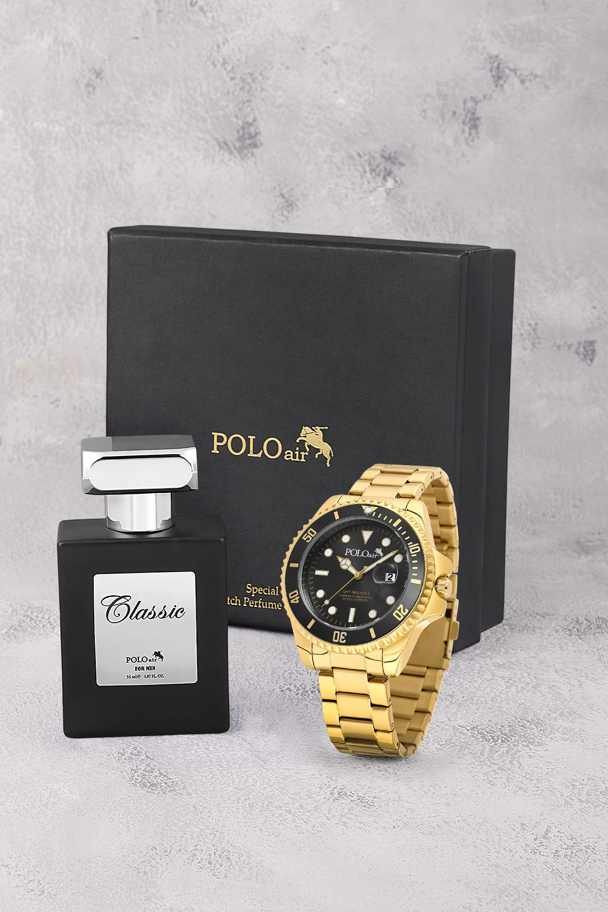 Mercek Takvimli Erkek Kol Saati Ve 55 Ml Parfüm Seti Gold Siyah Renk St-5013E7 Altın St-5013E7