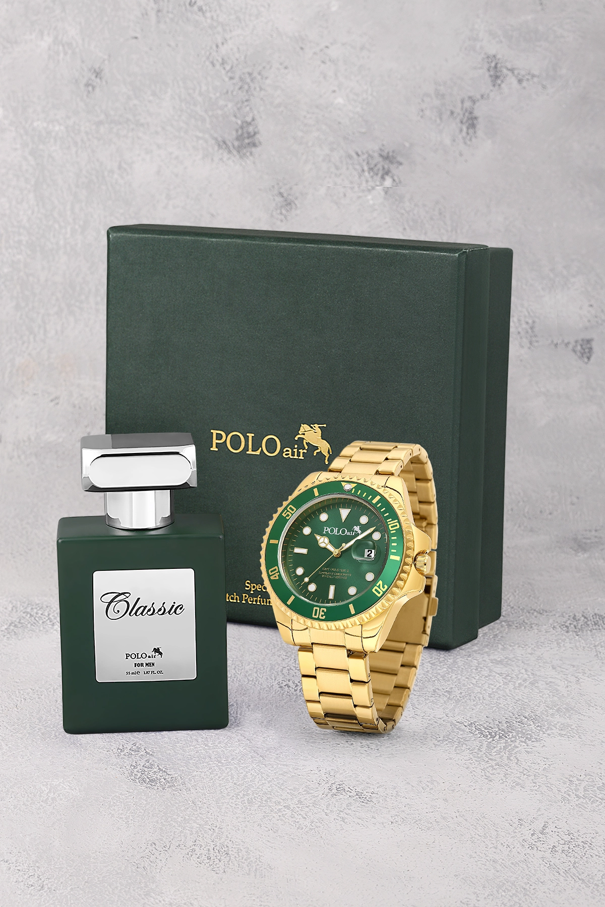 Mercek Takvimli Erkek Kol Saati Ve 55 Ml Parfüm Seti Gold Yeşil Renk St-5013E8 Altın St-5013E8