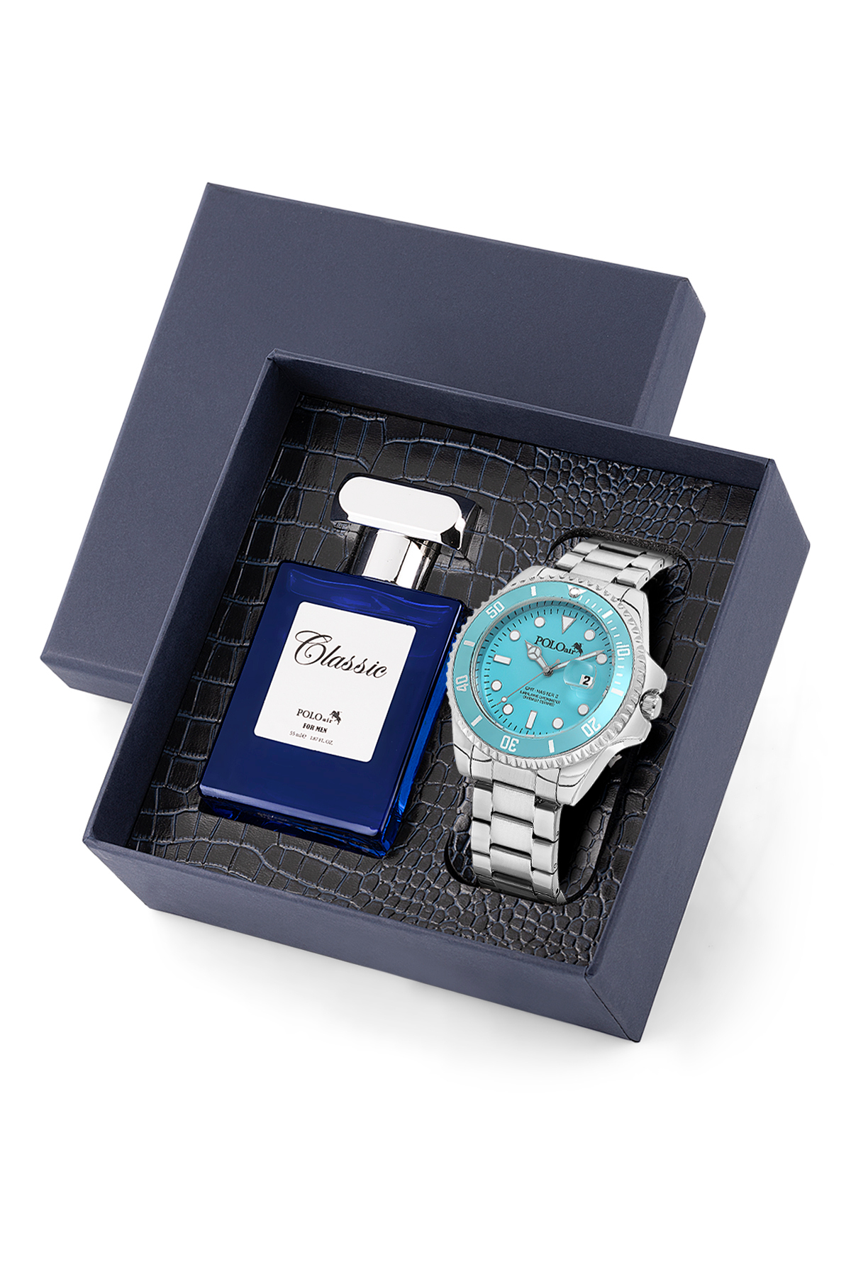 Mercek Takvimli Erkek Kol Saati Ve 55 Ml Parfüm Seti Gümüş Turkuaz Renk St-5013E5 Turkuaz St-5013E5