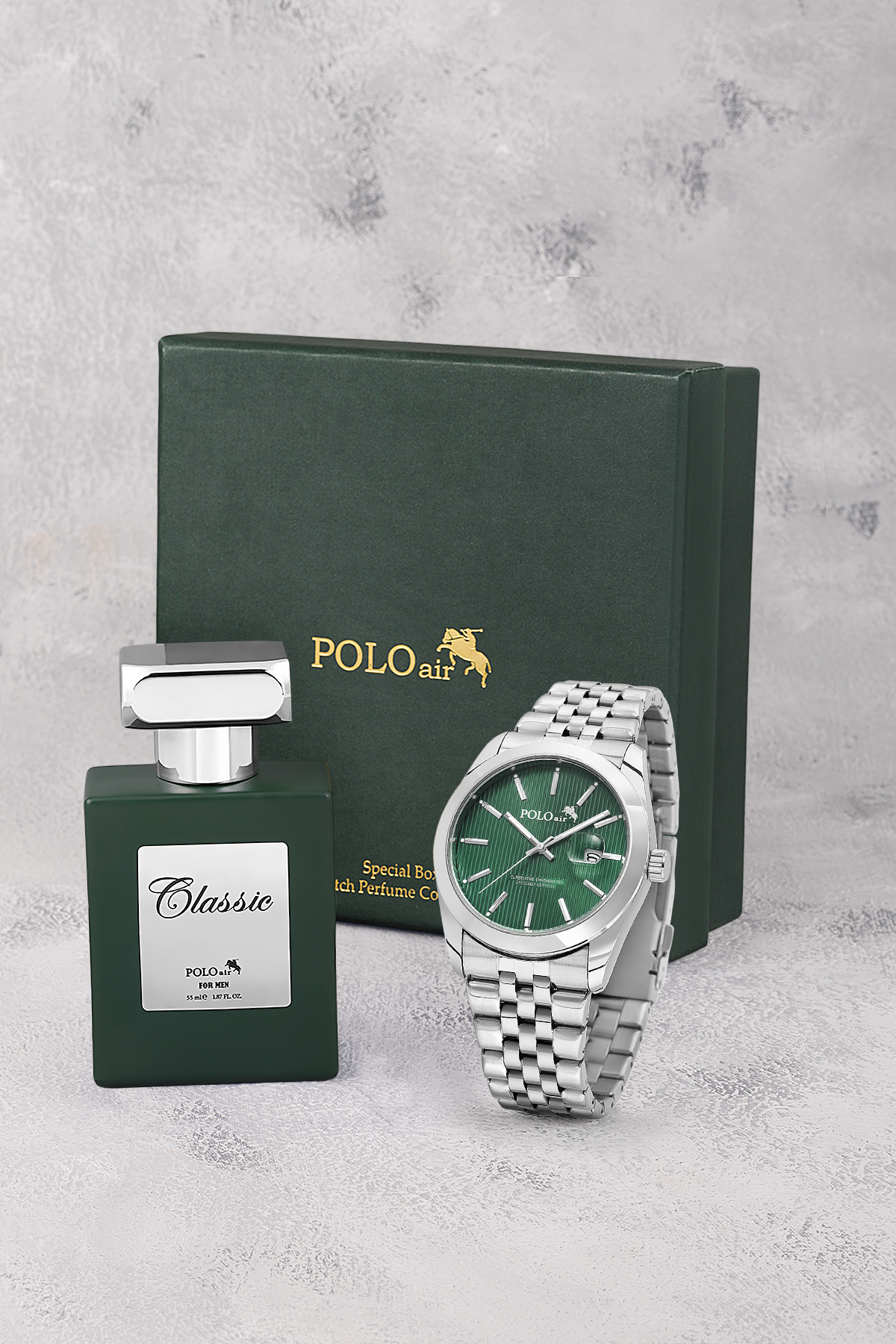 Mercek Takvimli Erkek Kol Saati Ve 55 Ml Parfüm Seti Gümüş Yeşil Renk St-5016E4 Yeşil St-5016E4
