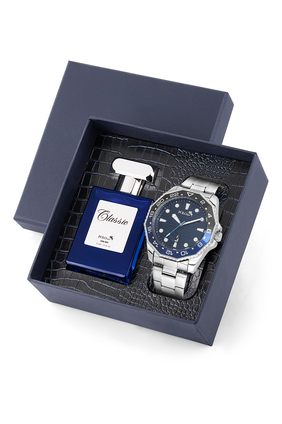 Mercek Takvimli Erkek Kol Saati Ve 55Ml Parfüm Hediyelik Kutusunda Gümüş Lacivert Renk St-5012E2 Lacivert St-5012E2