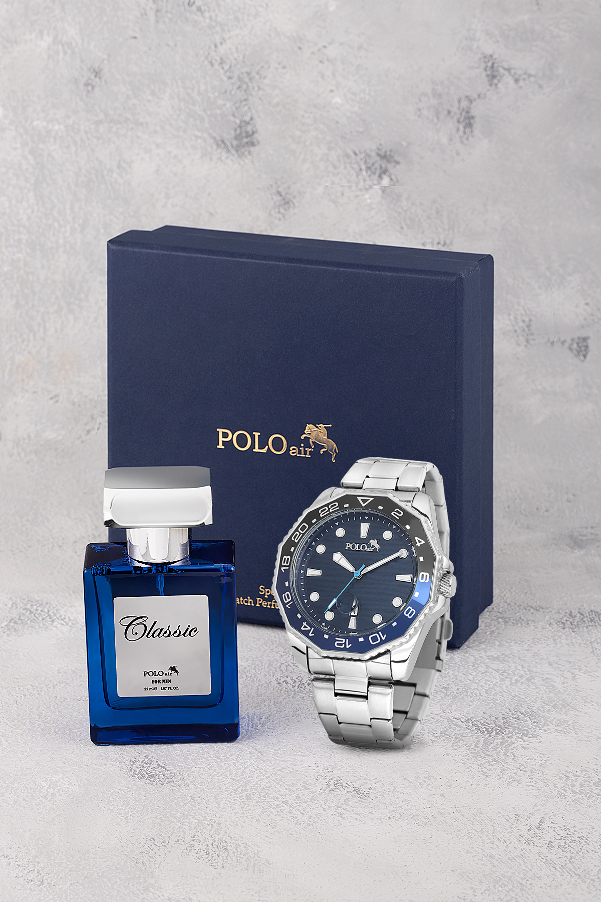 Mercek Takvimli Erkek Kol Saati Ve 55Ml Parfüm Hediyelik Kutusunda Gümüş Lacivert Renk St-5012E2 Lacivert St-5012E2