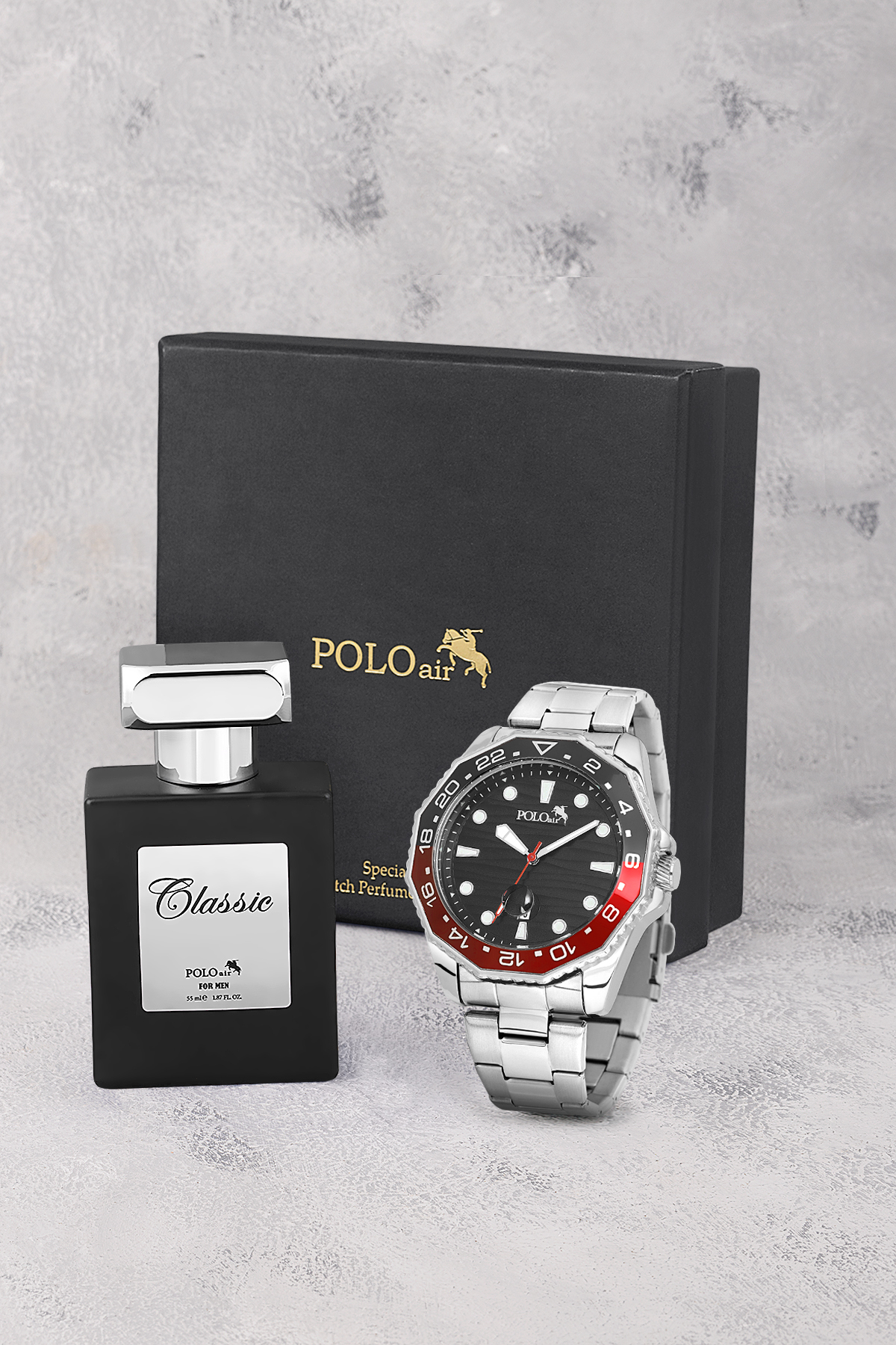 Mercek Takvimli Erkek Kol Saati Ve 55Ml Parfüm Hediyelik Kutusunda Gümüş Siyah Renk St-5012E1 Siyah St-5012E1
