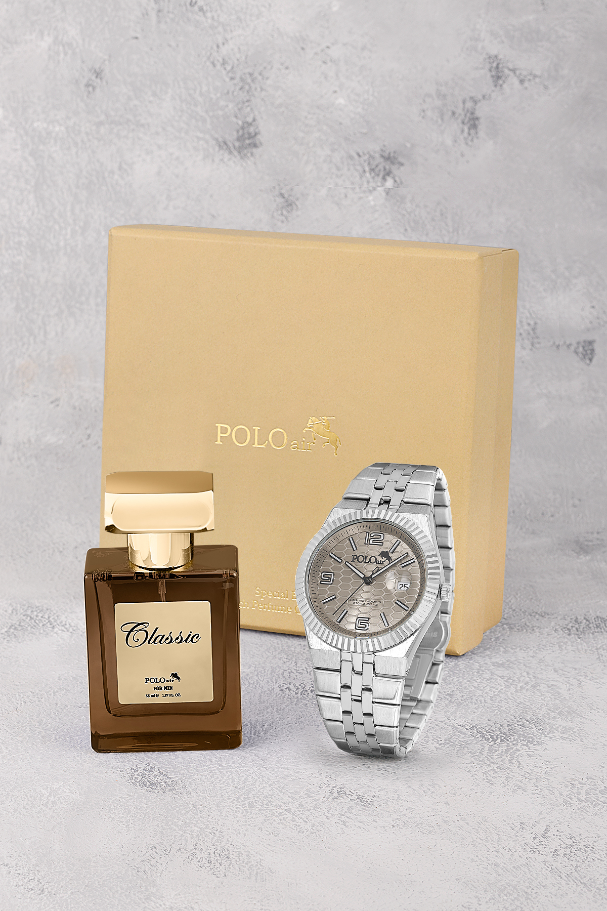 Mercek Takvimli Erkek Kol Saati Ve Parfüm Hediyelik Kutusunda Gümüş Metalik Renk St-5005E7 Metalik St-5005E7