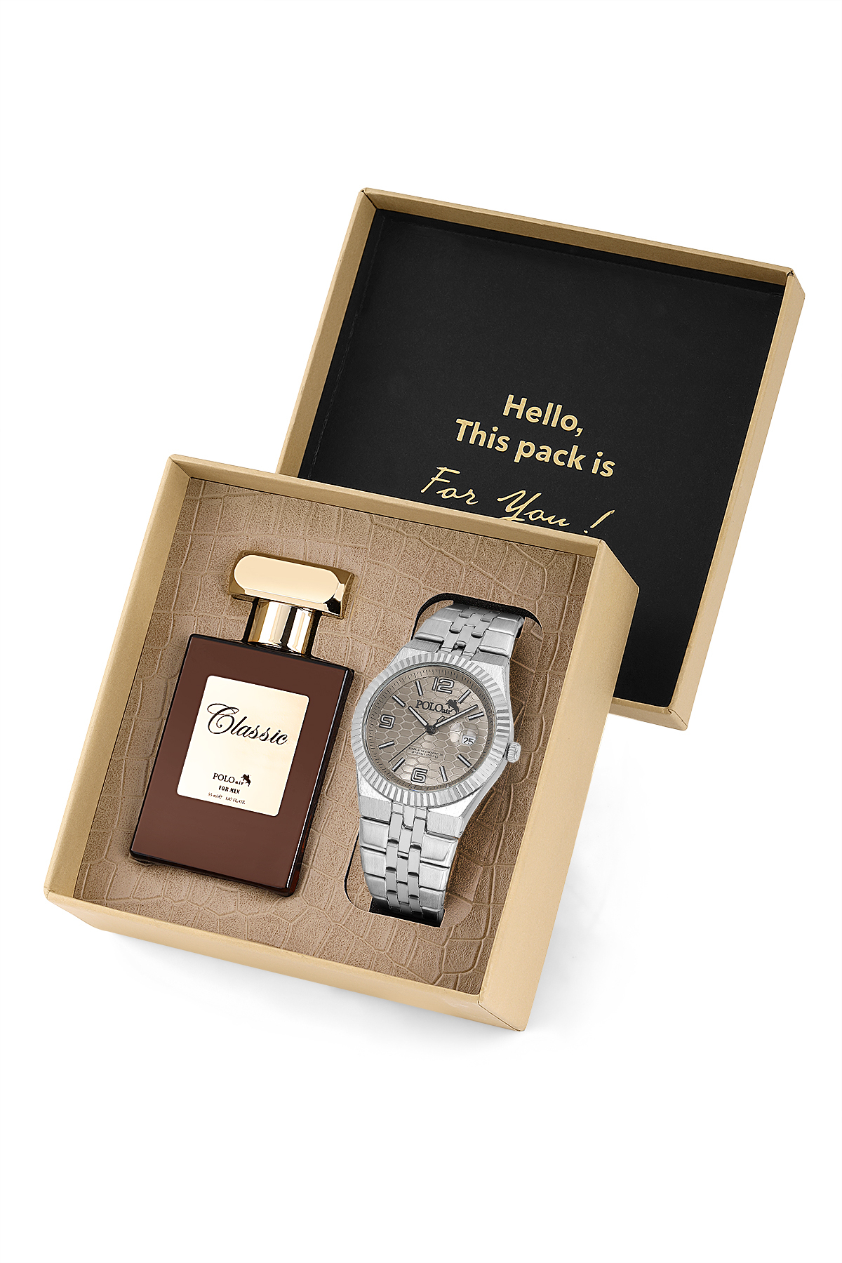 Mercek Takvimli Erkek Kol Saati Ve Parfüm Hediyelik Kutusunda Gümüş Metalik Renk St-5005E7 Metalik St-5005E7