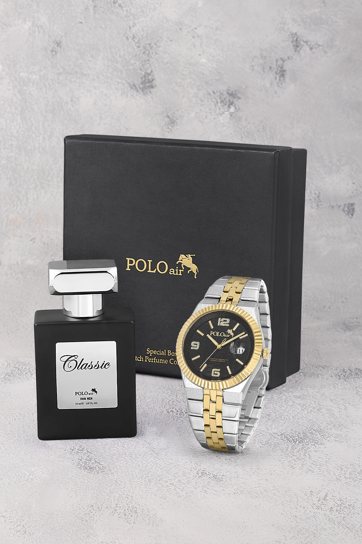 Mercek Takvimli Erkek Kol Saati Ve Parfüm Hediyelik Kutusunda Gümüş Siyah Gold Renk St-5005E8 Çok Renkli St-5005E8