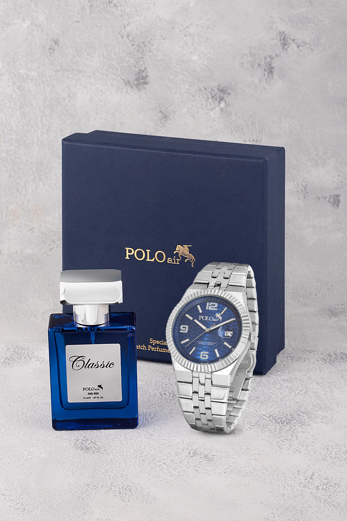 Mercek Takvimli Erkek Kol Saati Ve Parfüm Hediyelik Kutusunda Set Gümüş Lacivert Renk St-5005E2 Lacivert St-5005E2