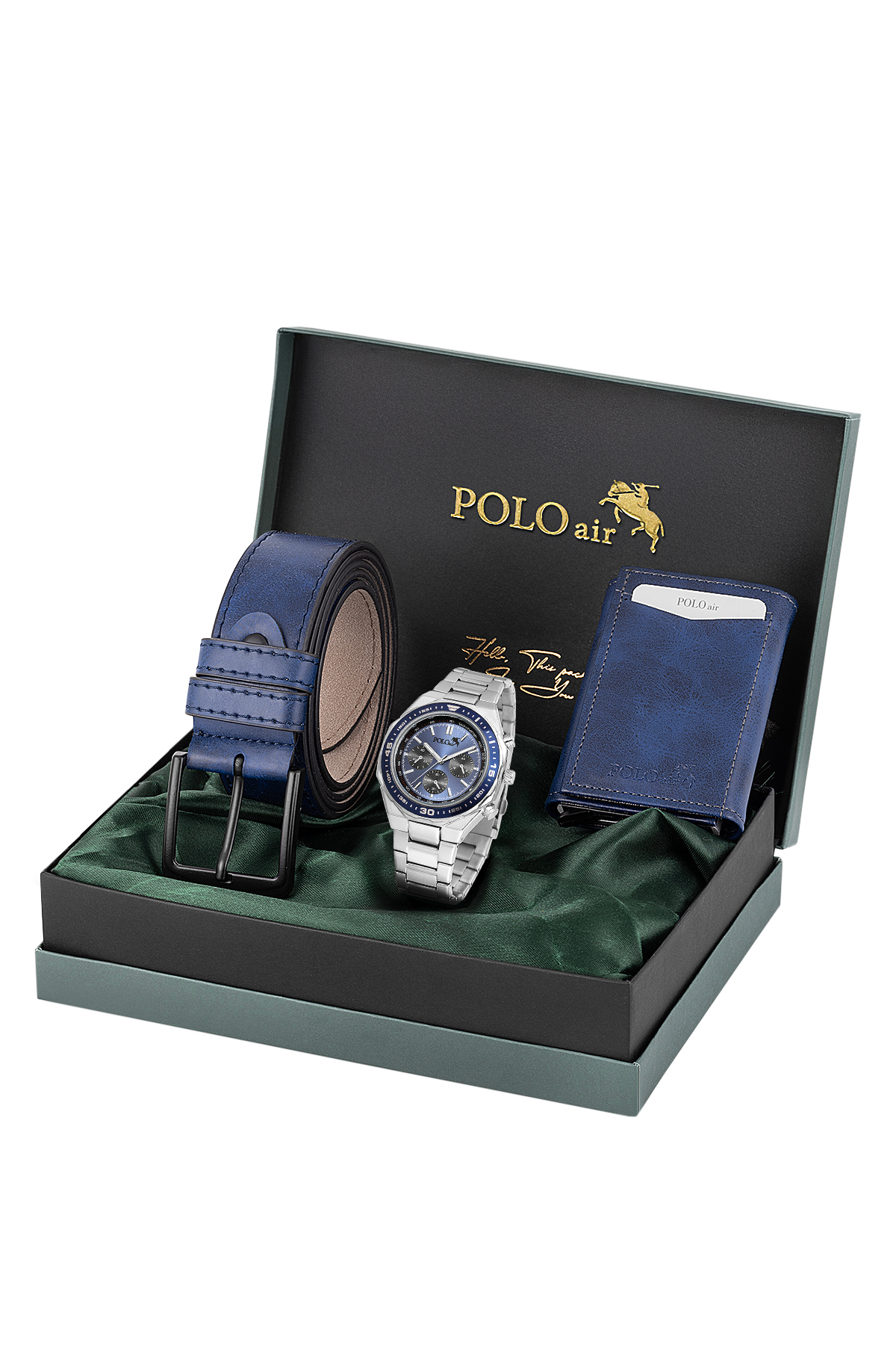 Otomatik Mekanizmalı Cüzdan Kemer Set Erkek Kol Saati Gümüş Lacivert Renk Pl-7060E2 Lacivert Pl-7060E2