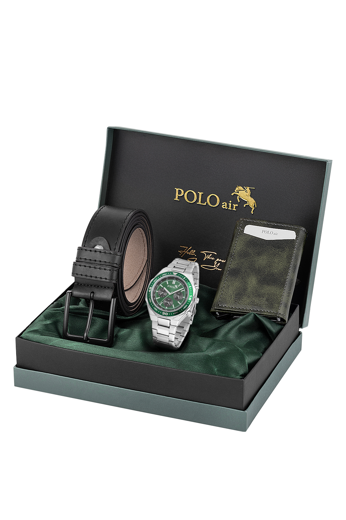Otomatik Mekanizmalı Cüzdan Kemer Set Erkek Kol Saati Gümüş Yeşil Renk Pl-7060E3 Yeşil Pl-7060E3
