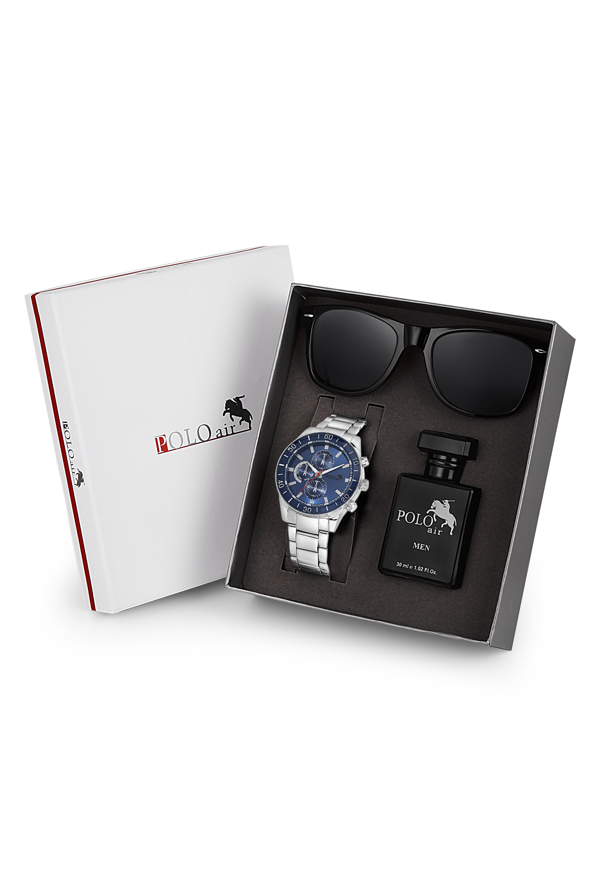Premium Set Hediyelik Kutusunda Erkek Kol Saati Parfüm Gözlük Gümüş Lacivert Renk Pl-7055E2 Lacivert Pl-7055E2