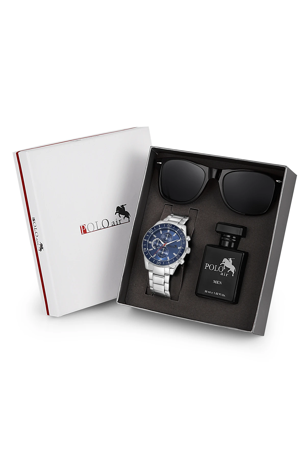 Premium Set Hediyelik Kutusunda Erkek Kol Saati Parfüm Gözlük Gümüş Lacivert Renk Pl-7055E2 Lacivert Pl-7055E2