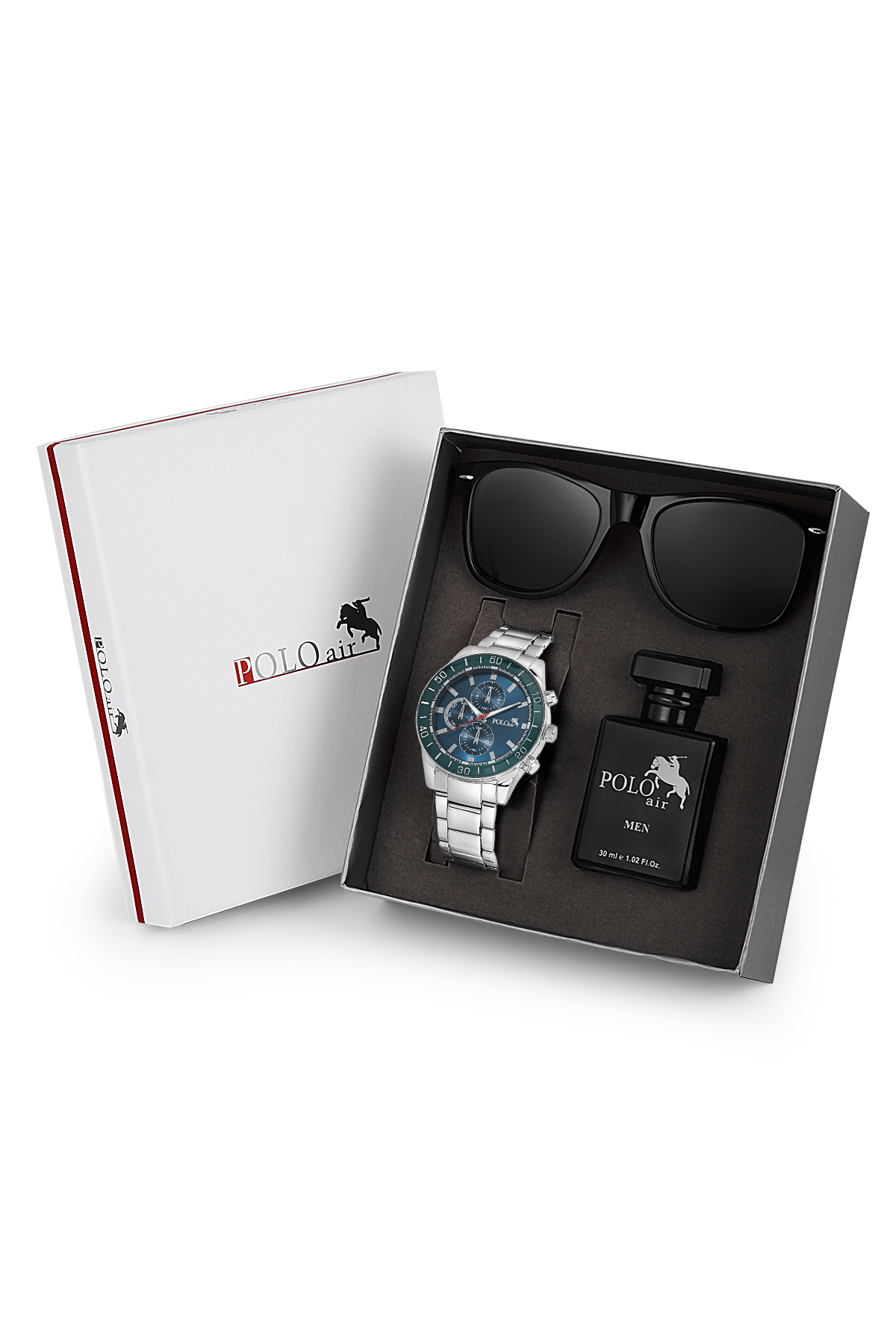 Premium Set Hediyelik Kutusunda Erkek Kol Saati Parfüm Gözlük Gümüş Yeşil Lacivert Renk Pl-7055E3 Çok Renkli Pl-7055E3