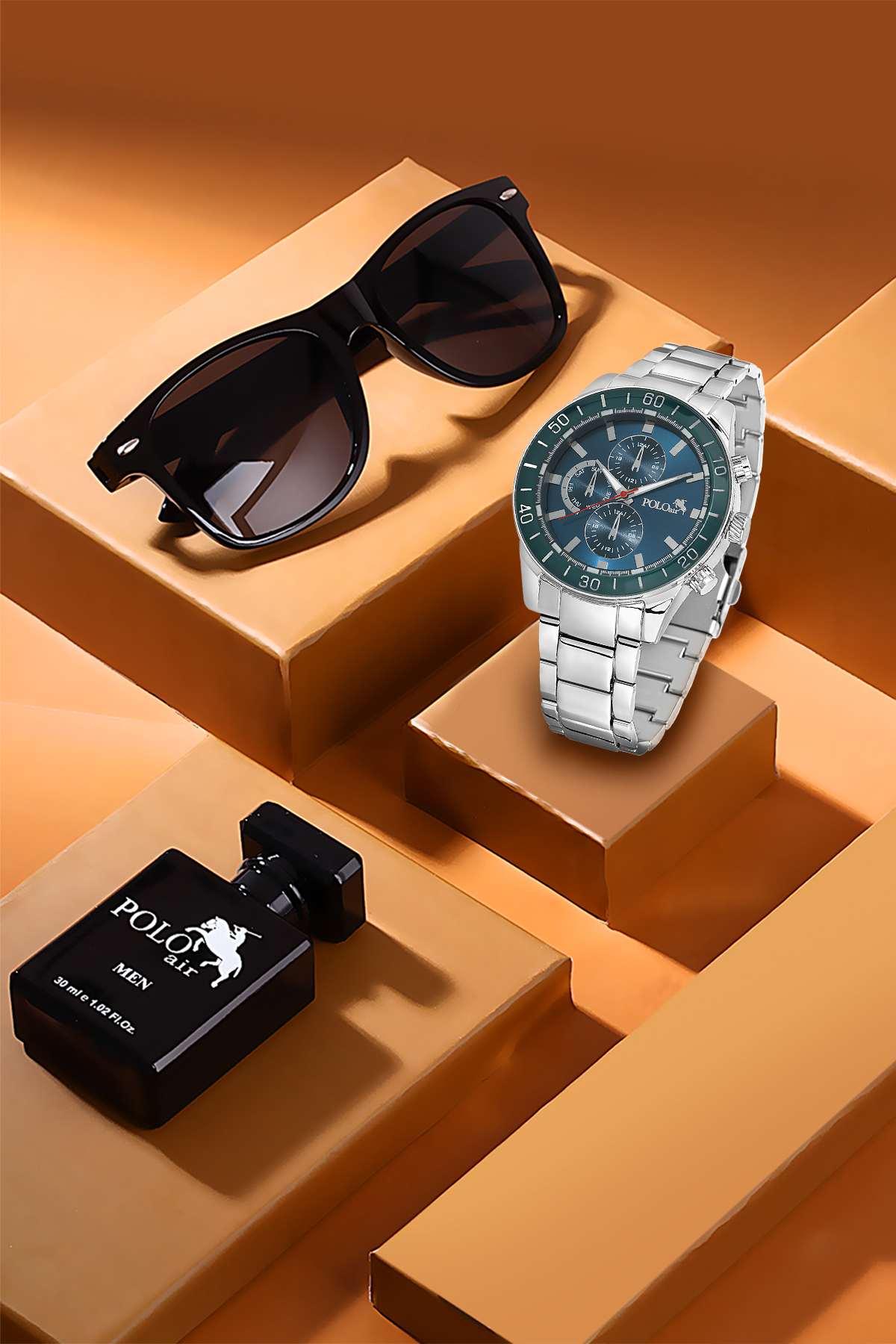 Premium Set Hediyelik Kutusunda Erkek Kol Saati Parfüm Gözlük Gümüş Yeşil Lacivert Renk Pl-7055E3 Çok Renkli Pl-7055E3