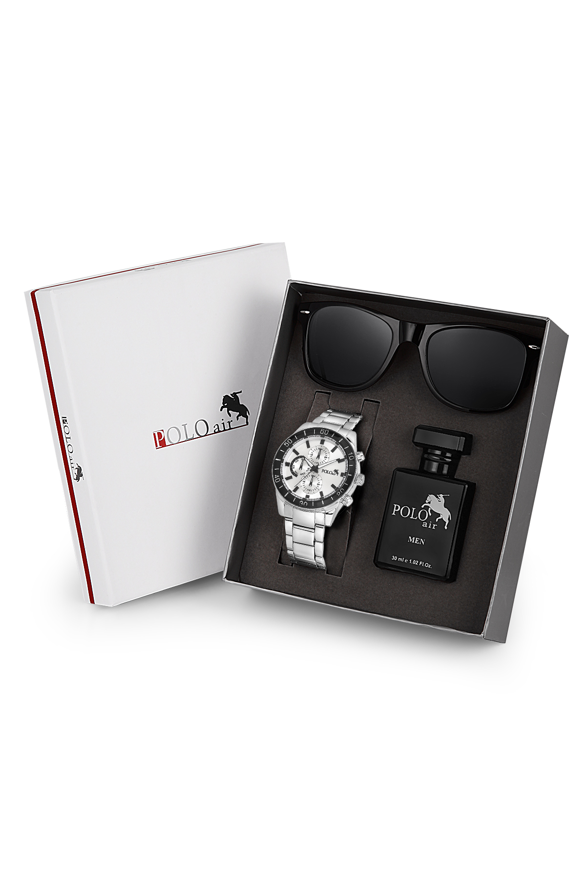 Premium Set Kombin Hediyelik Kutusunda Erkek Kol Saati Parfüm Gözlük Gümüş Renk Pl-7055E4 Gümüş Pl-7055E4