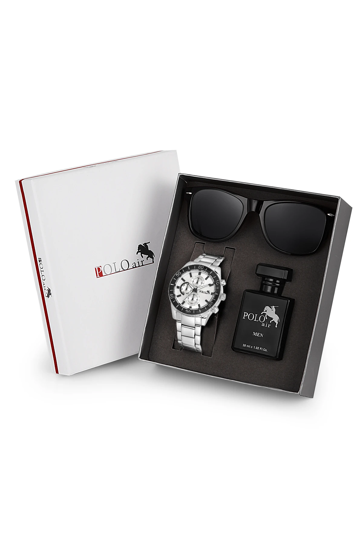 Premium Set Kombin Hediyelik Kutusunda Erkek Kol Saati Parfüm Gözlük Gümüş Renk Pl-7055E4 Gümüş Pl-7055E4