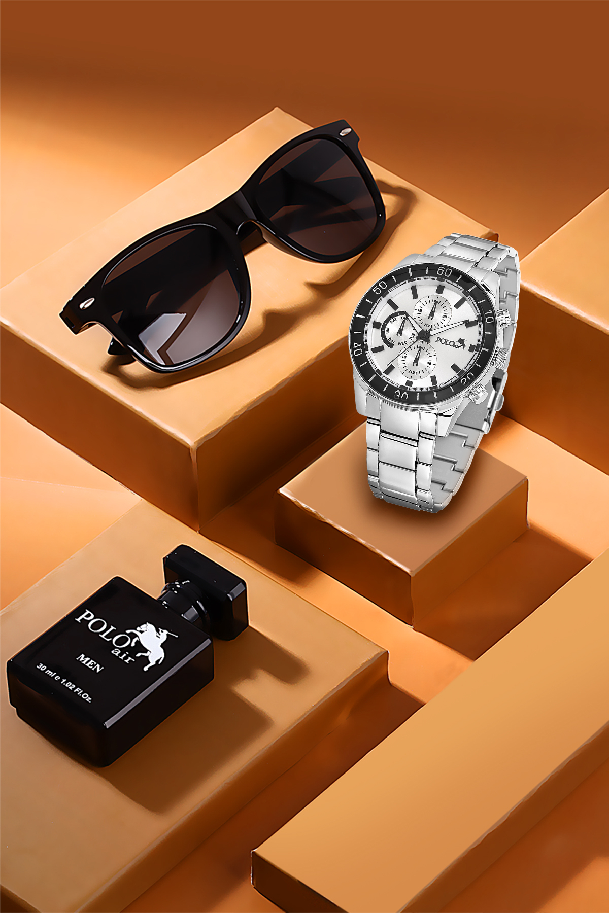 Premium Set Kombin Hediyelik Kutusunda Erkek Kol Saati Parfüm Gözlük Gümüş Renk Pl-7055E4 Gümüş Pl-7055E4