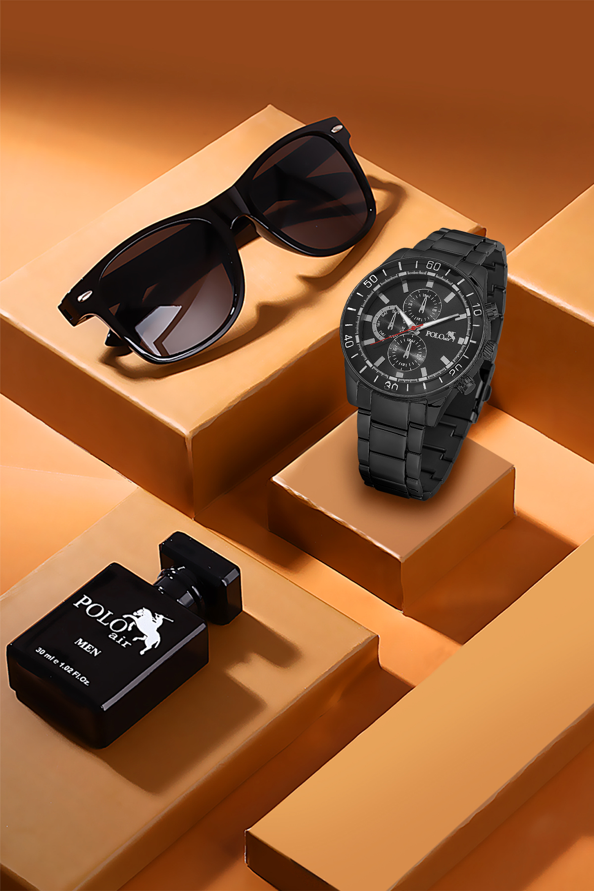 Premium Set Kombin Hediyelik Kutusunda Erkek Kol Saati Parfüm Gözlük Siyah Renk Pl-7055E1 Siyah Pl-7055E1