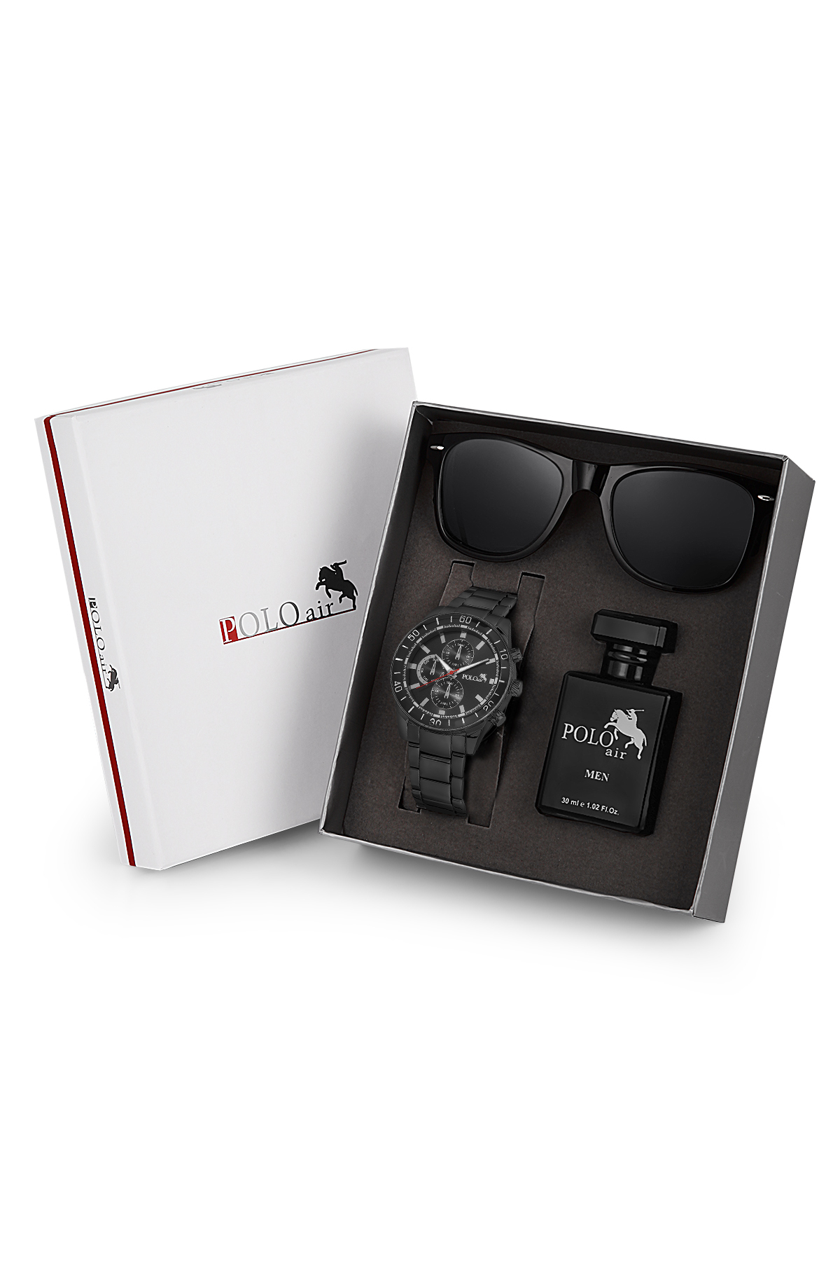Premium Set Kombin Hediyelik Kutusunda Erkek Kol Saati Parfüm Gözlük Siyah Renk Pl-7055E1 Siyah Pl-7055E1