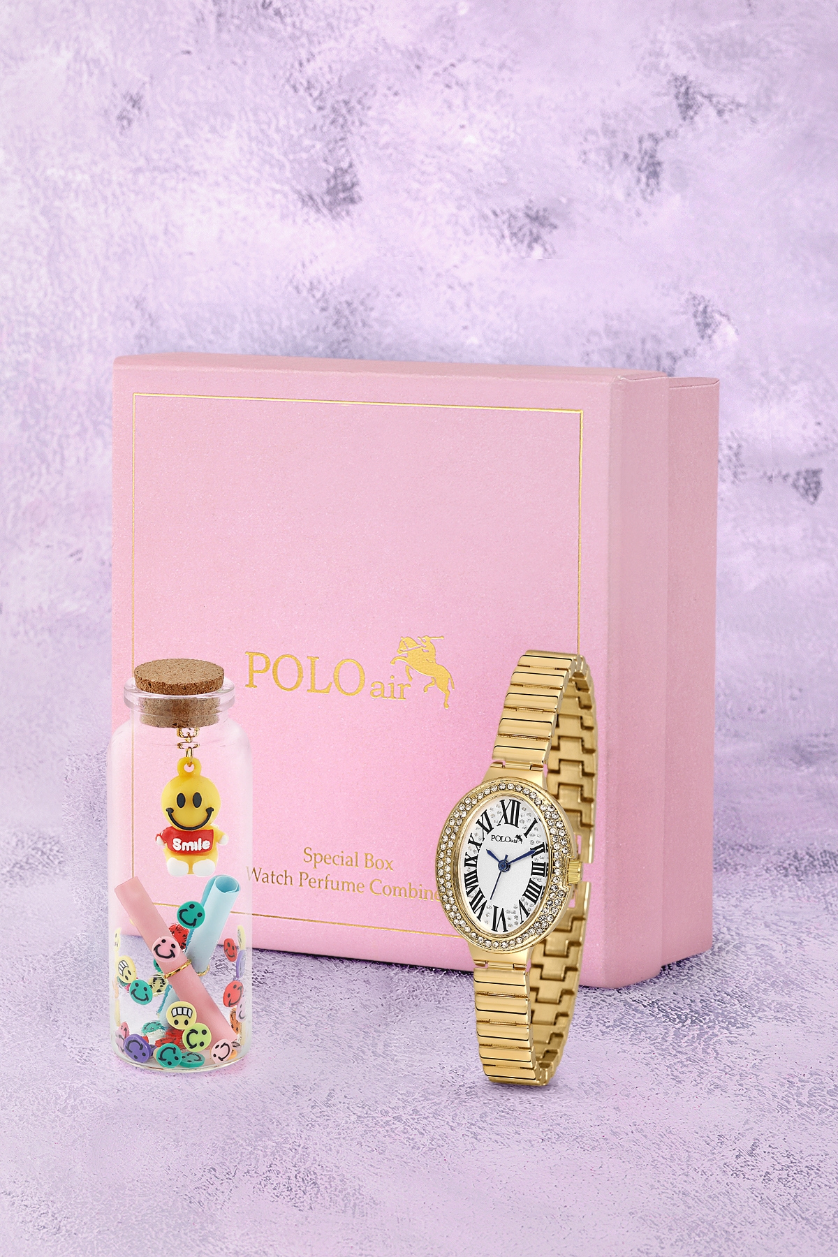 Romen Rakamlı Kadın Kol Saati Ve Smile Figürlü Özel Notlu Cam Dilek Şişe Gold Renk St-2186S1 Altın St-2186S1