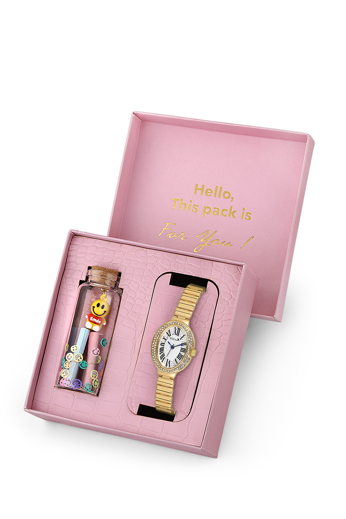 Romen Rakamlı Kadın Kol Saati Ve Smile Figürlü Özel Notlu Cam Dilek Şişe Gold Renk St-2186S1 Altın St-2186S1