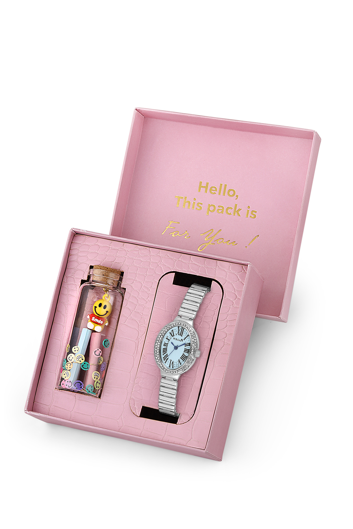 Romen Rakamlı Kadın Kol Saati Ve Smile Figürlü Özel Notlu Cam Dilek Şişe Gümüş Mavi Renk St-2186S5 Mavi St-2186S5