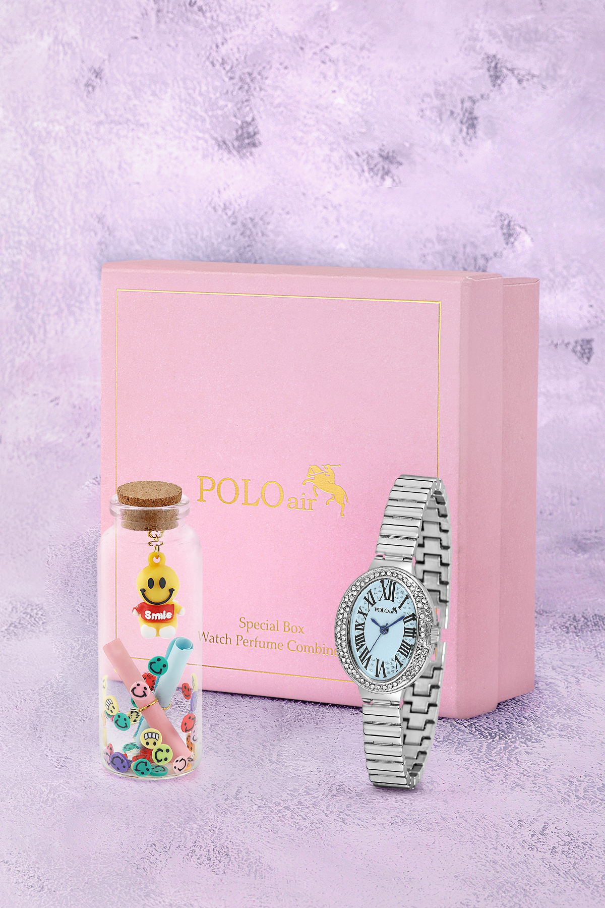 Romen Rakamlı Kadın Kol Saati Ve Smile Figürlü Özel Notlu Cam Dilek Şişe Gümüş Mavi Renk St-2186S5 Mavi St-2186S5