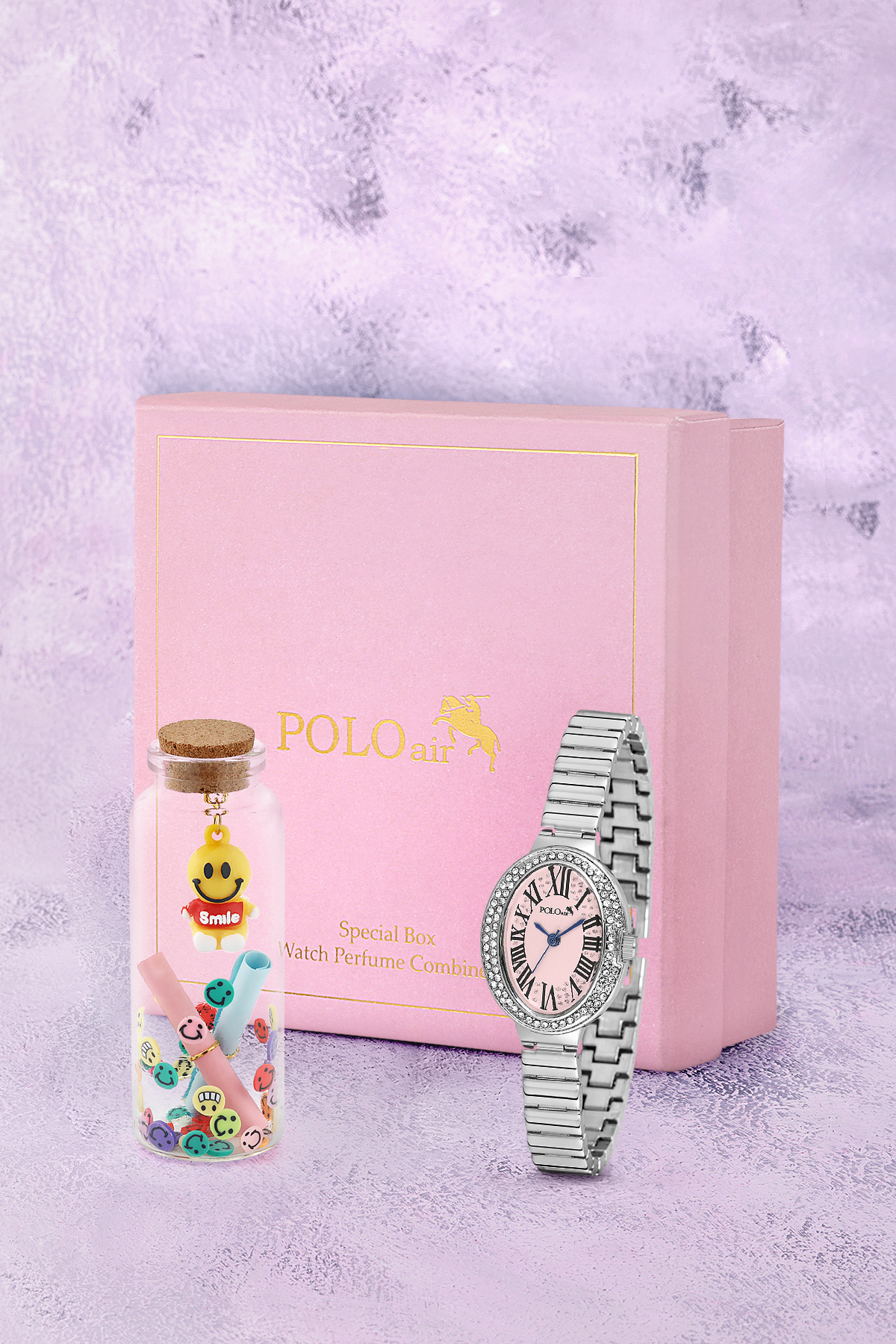 Romen Rakamlı Kadın Kol Saati Ve Smile Figürlü Özel Notlu Cam Dilek Şişe Gümüş Pembe Renk St-2186S3 Pembe St-2186S3