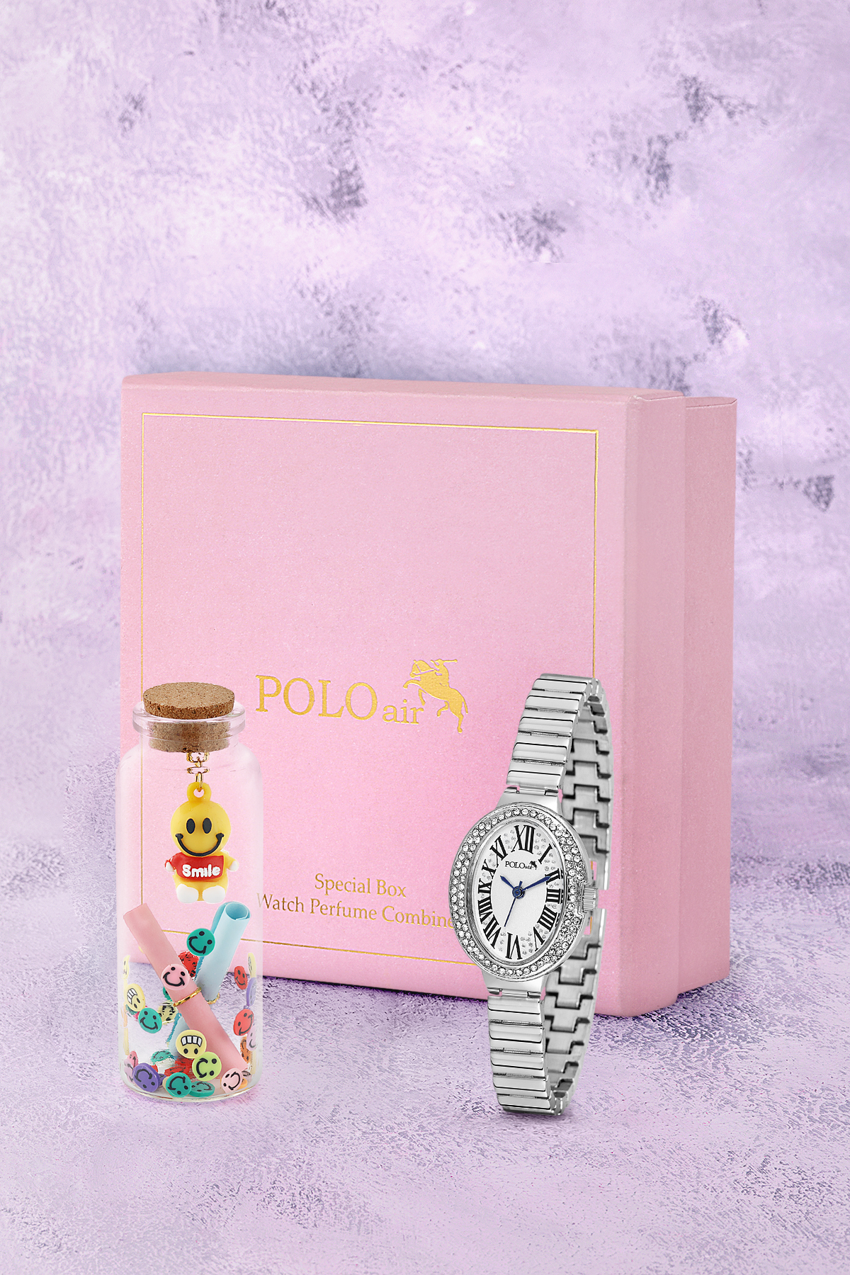 Romen Rakamlı Kadın Kol Saati Ve Smile Figürlü Özel Notlu Cam Dilek Şişe Gümüş Renk St-2186S2 Gümüş St-2186S2
